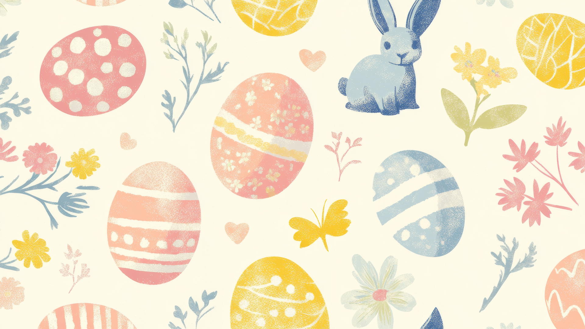 preppy Easter wallpaper with retro-inspired eggs, bunnies, and flowers in pastel tones