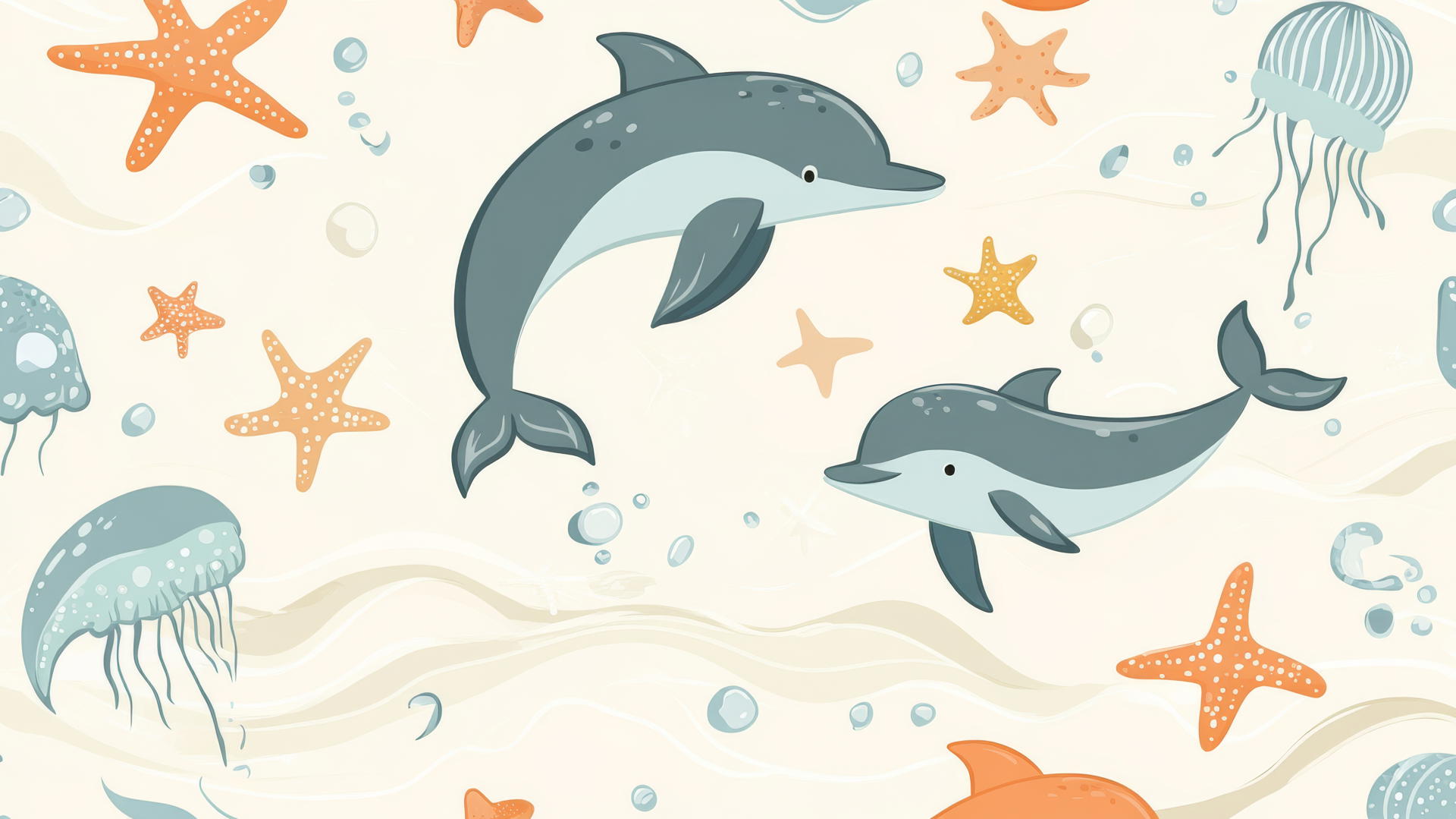 Preppy beach wallpaper with cartoon dolphins, starfish, and jellyfish in pastel waves