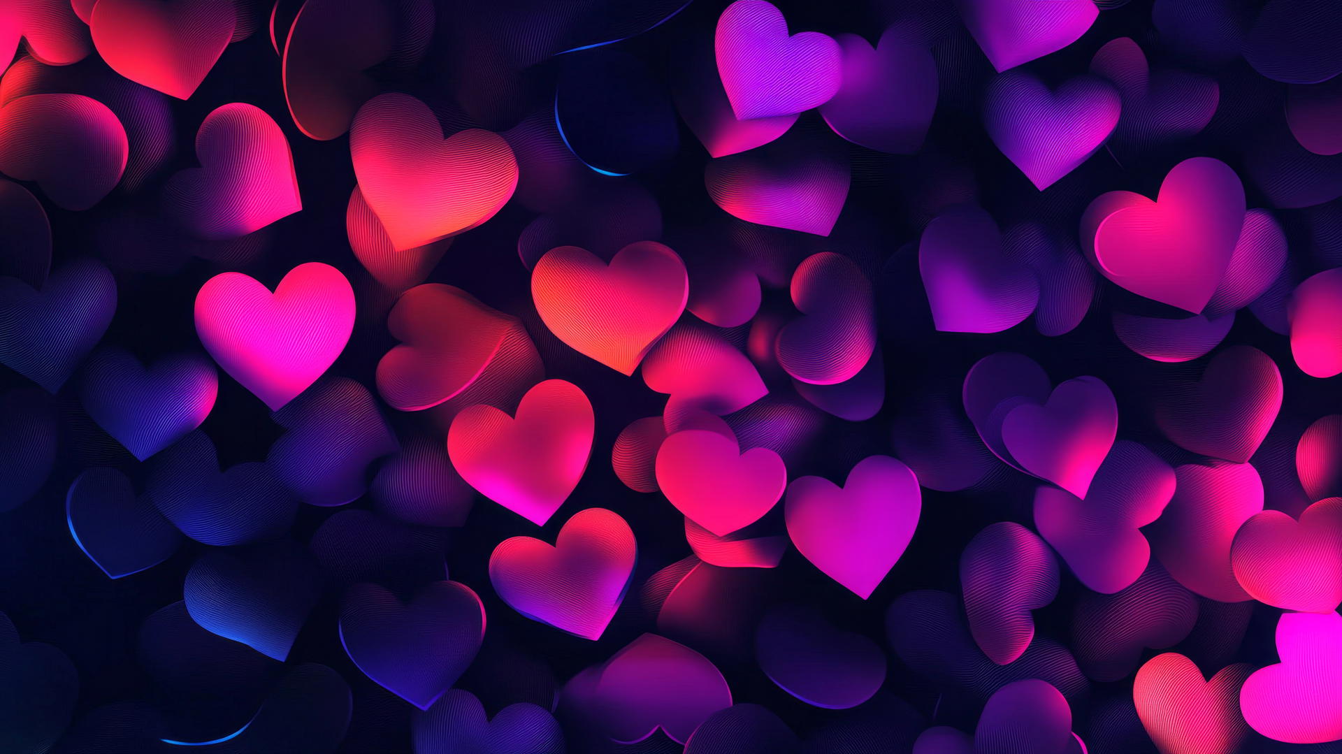 Black wallpaper for girls featuring neon pink and purple heart shapes.