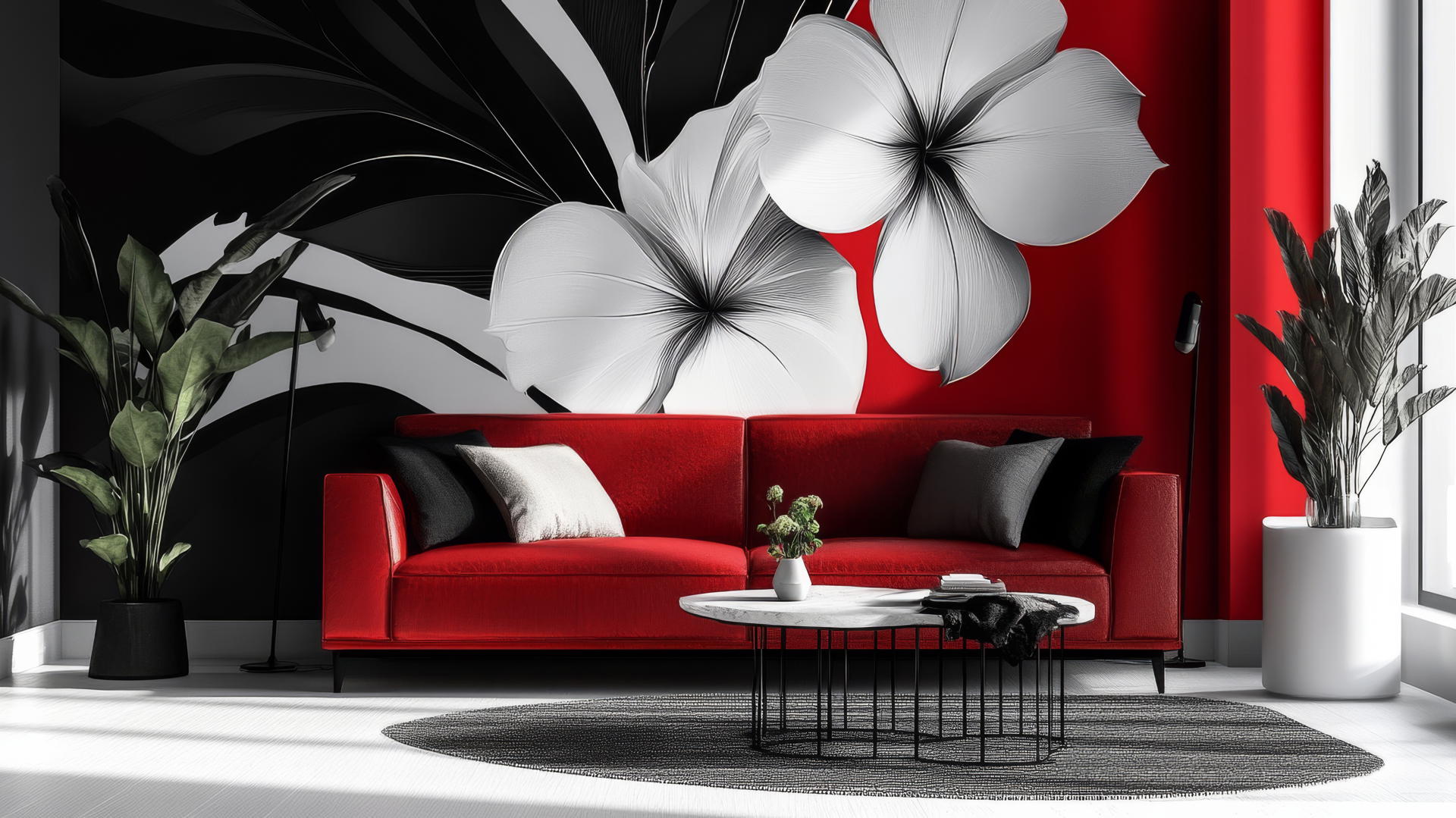 black and white floral wallpaper with geometric shapes and bold contrasts