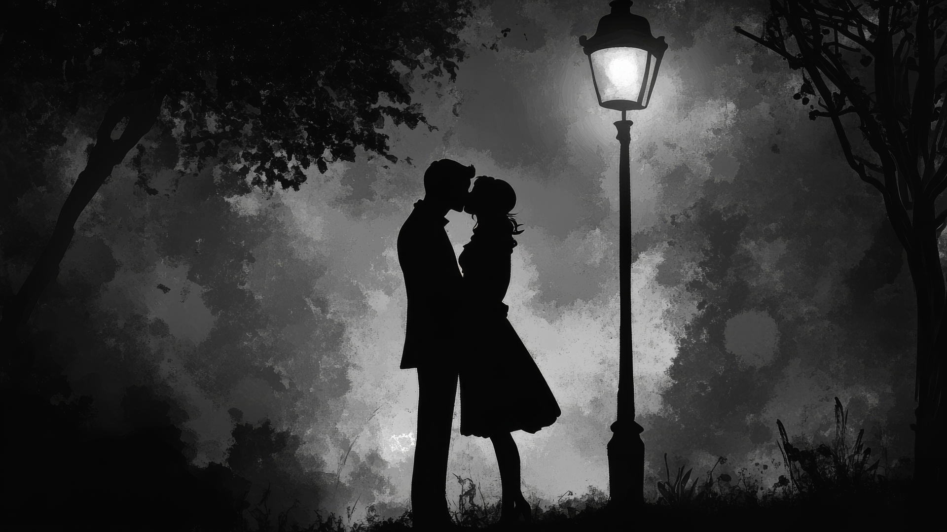 Silhouette of a couple kissing under a streetlamp in black and white aesthetic wallpaper
