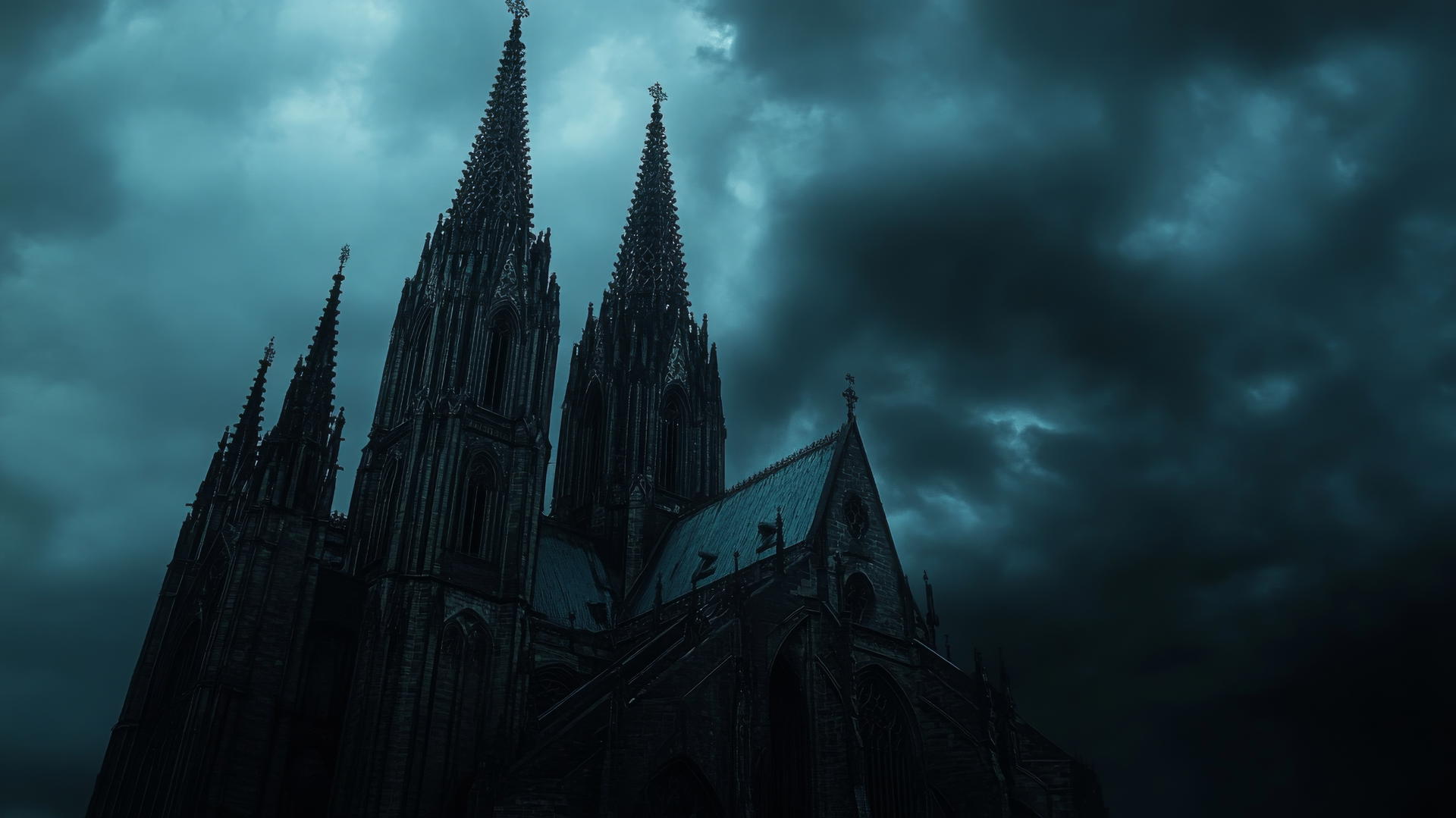 A Gothic cathedral silhouettes against a dark stormy sky, black wallpaper aesthetic.