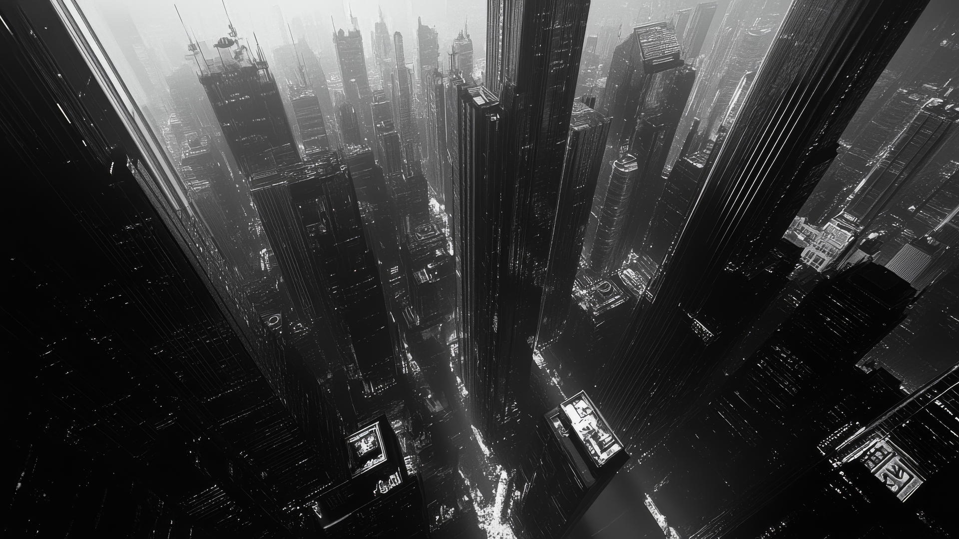 black aesthetic wallpaper of a futuristic, monochrome cityscape with skyscrapers
