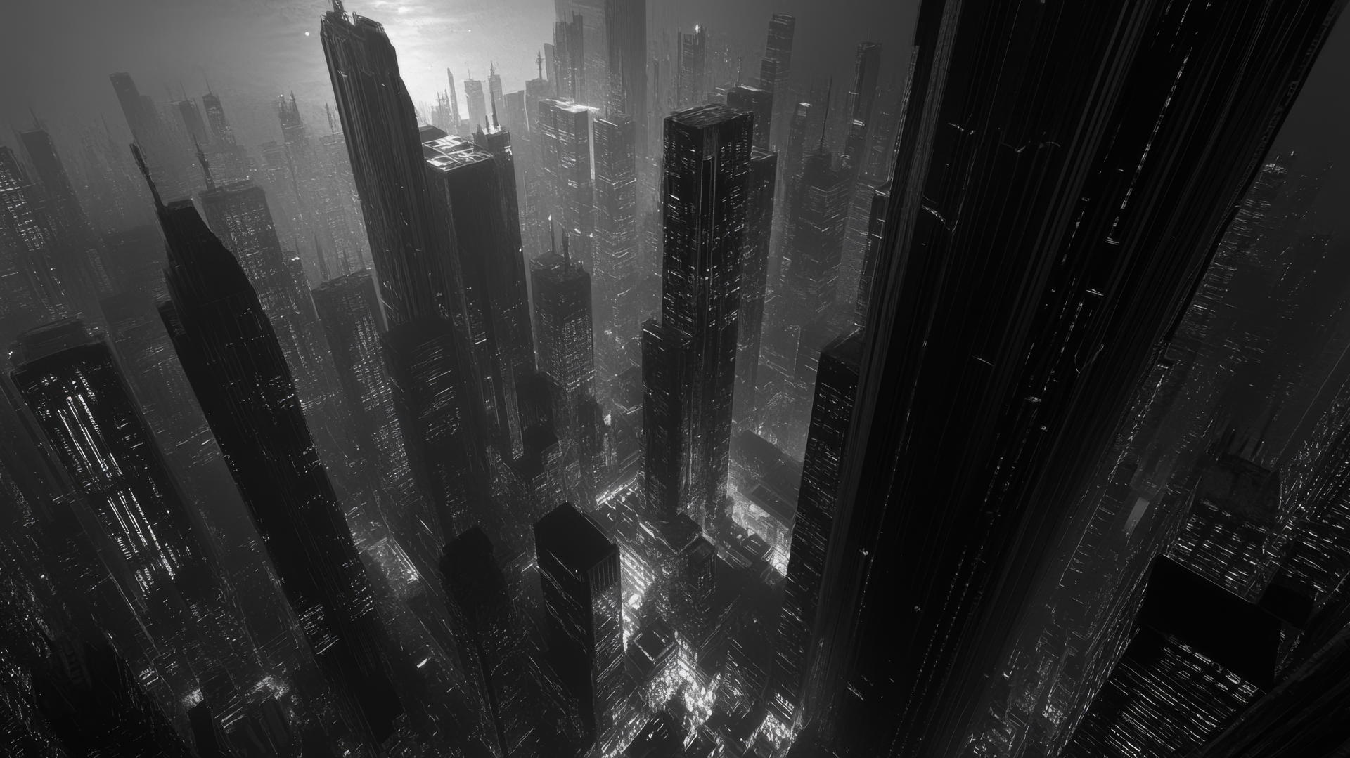 Black aesthetic wallpaper featuring a futuristic, monochrome cityscape with towering skyscrapers.
