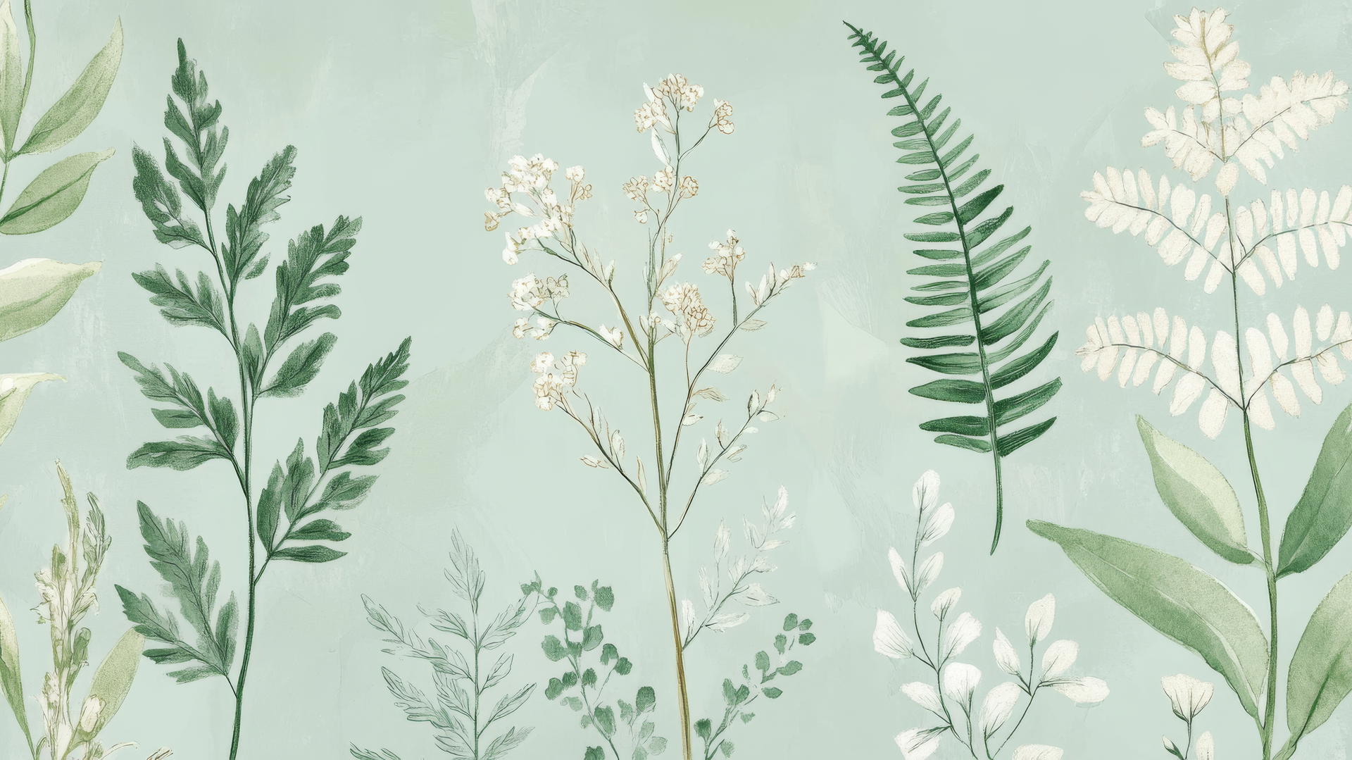 Sage green wallpaper with hand-drawn botanical ferns and wildflowers