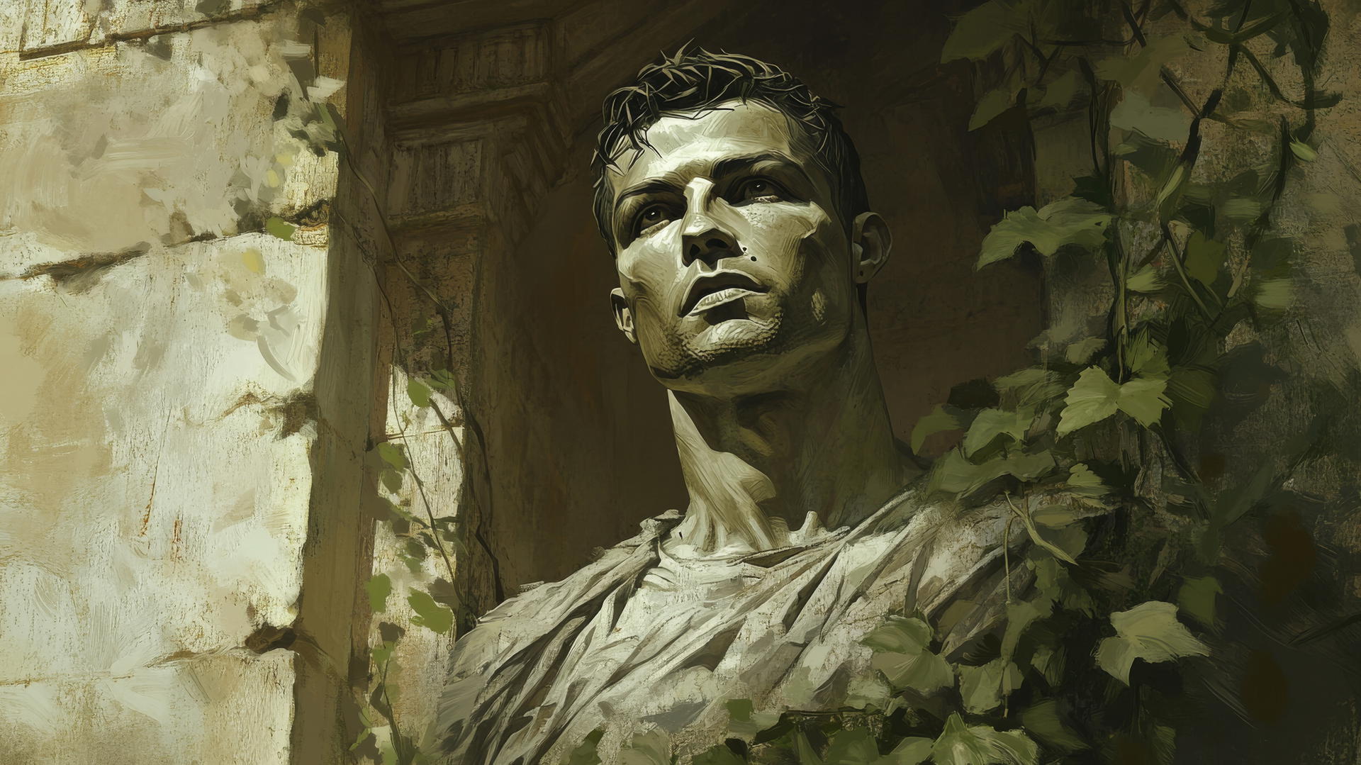 wallpaper ronaldo as a timeless statue in ancient temple with vines