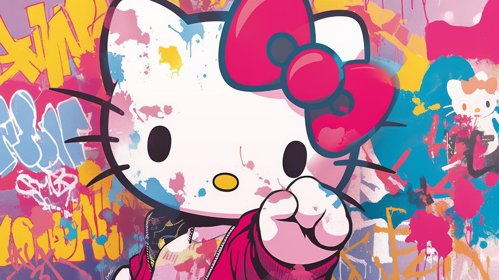Y2K Hello Kitty graffiti-inspired wallpaper with bold spray paint textures