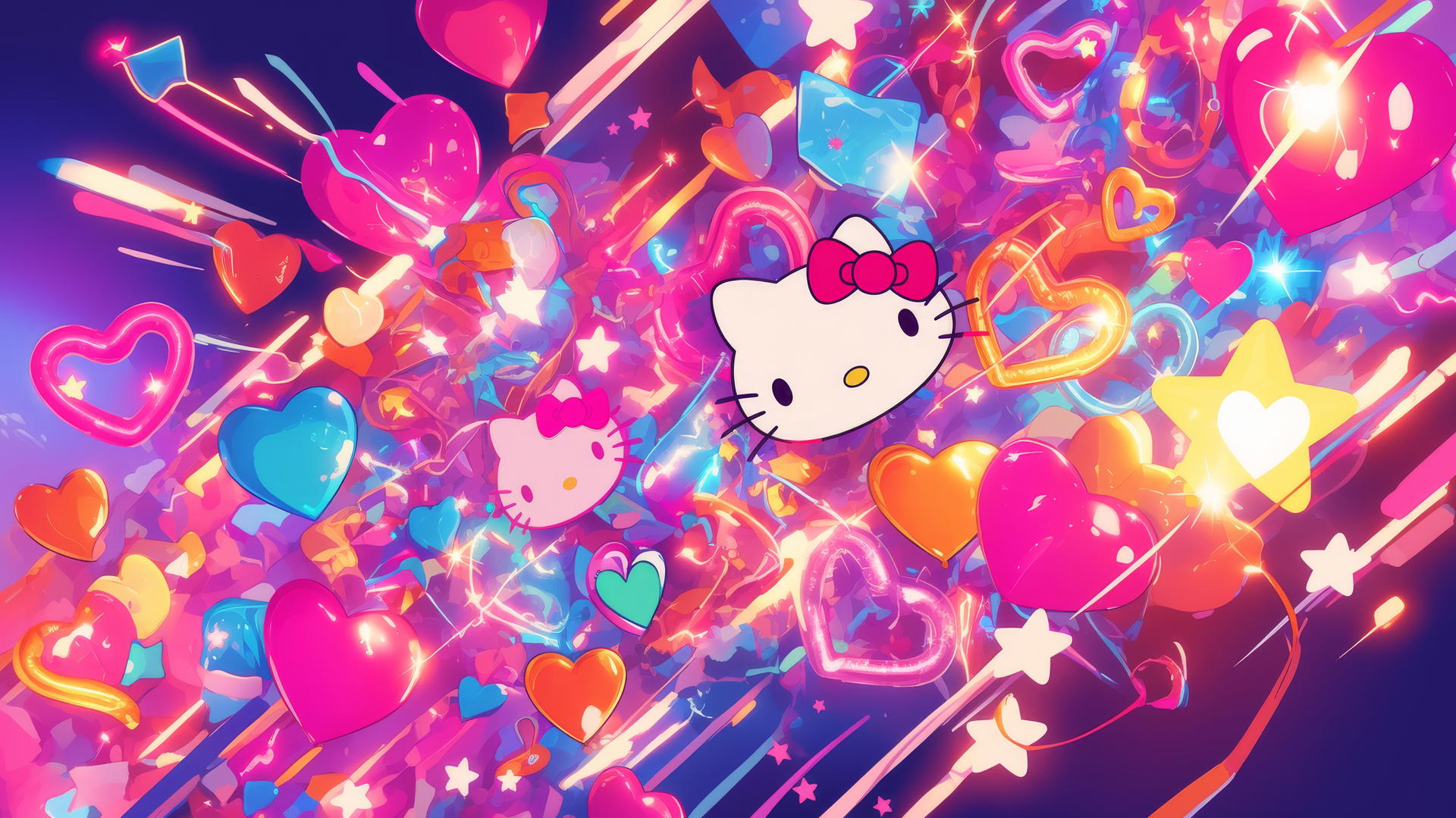A neon Hello Kitty wallpaper aesthetic with vibrant colors and glowing lights