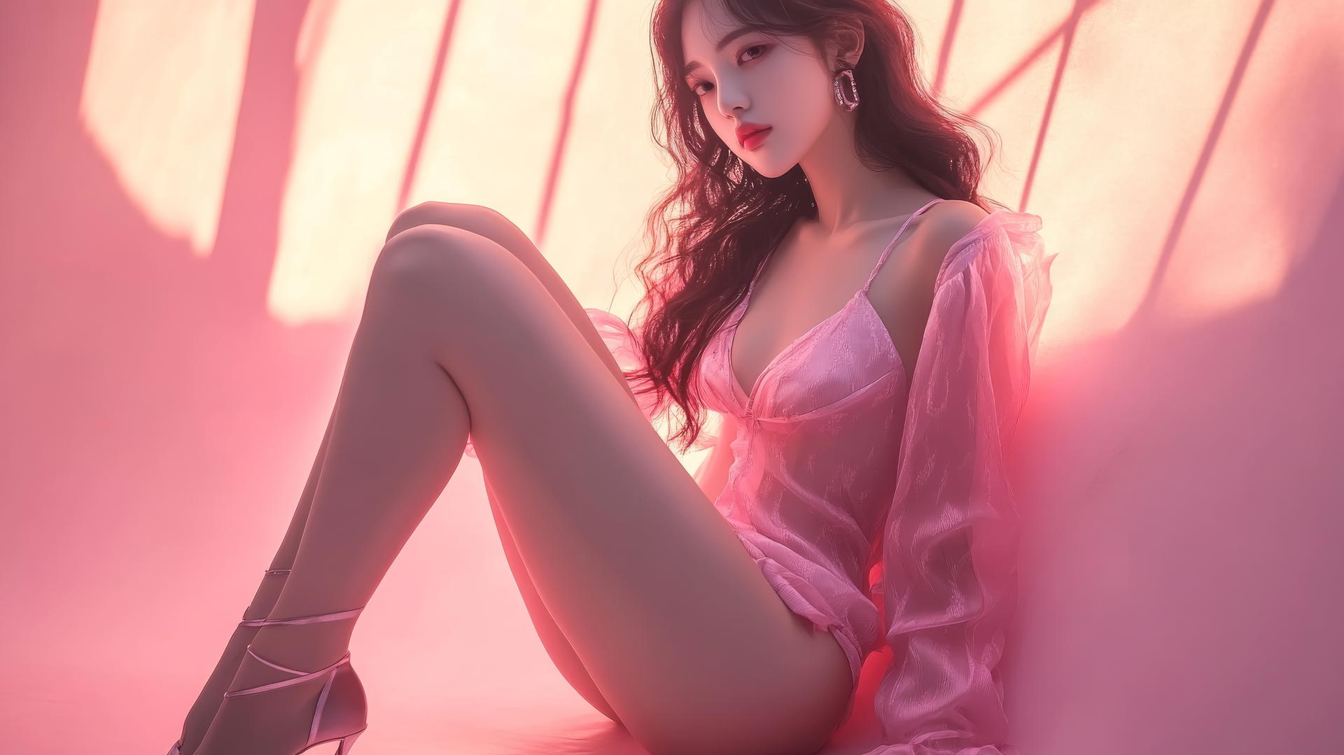 Beautiful Korean teenage girl with crossed legs, side view, high heels, detailed facial features