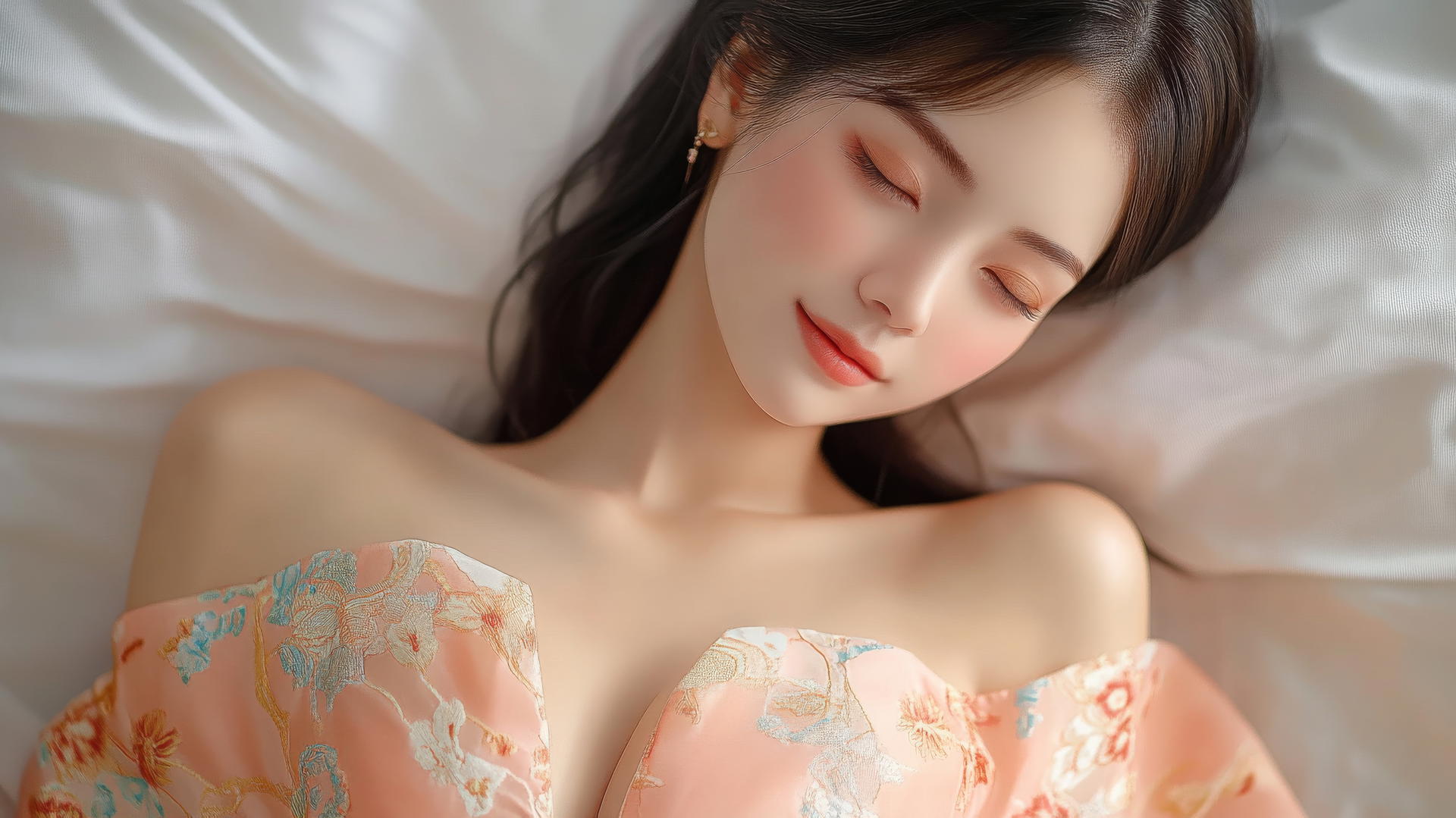 Top-down view of Vietnamese woman in Ao Dai smiling in bed