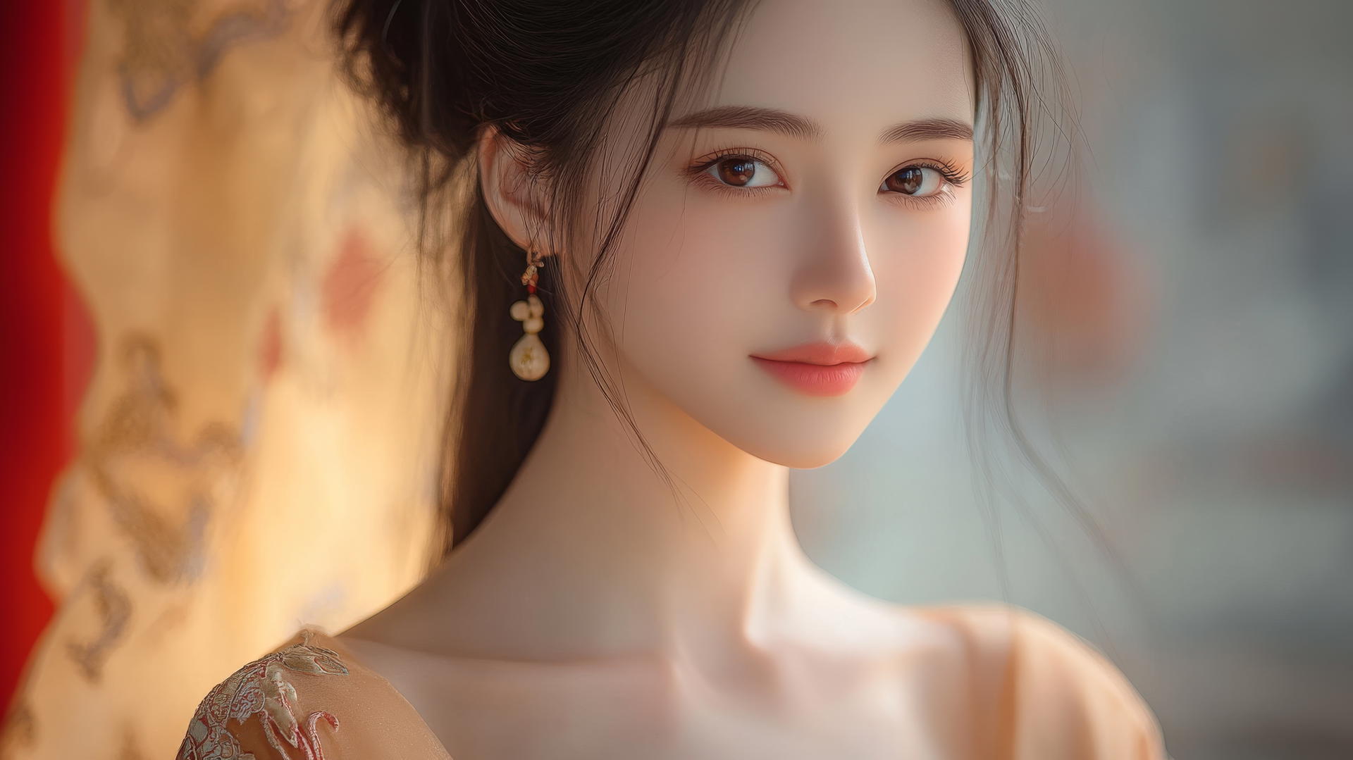 Chinese woman with long black hair, round face, smiling, side light