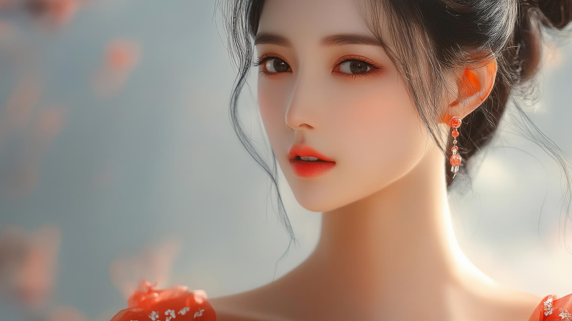 Beautiful woman in Chinese costume with long black hair and a smiling round face under side light.