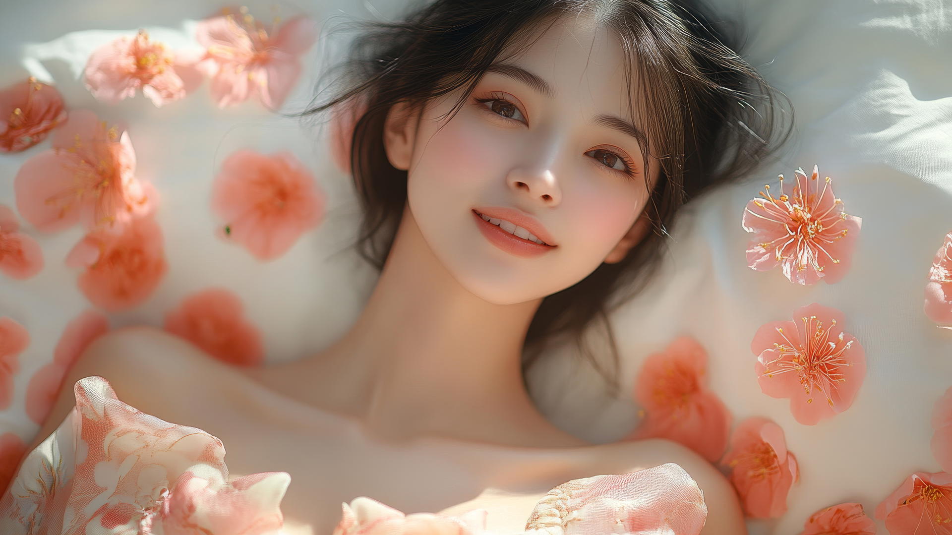 Top-down view of a Vietnamese woman in Ao Dai, smiling with natural light on her legs.