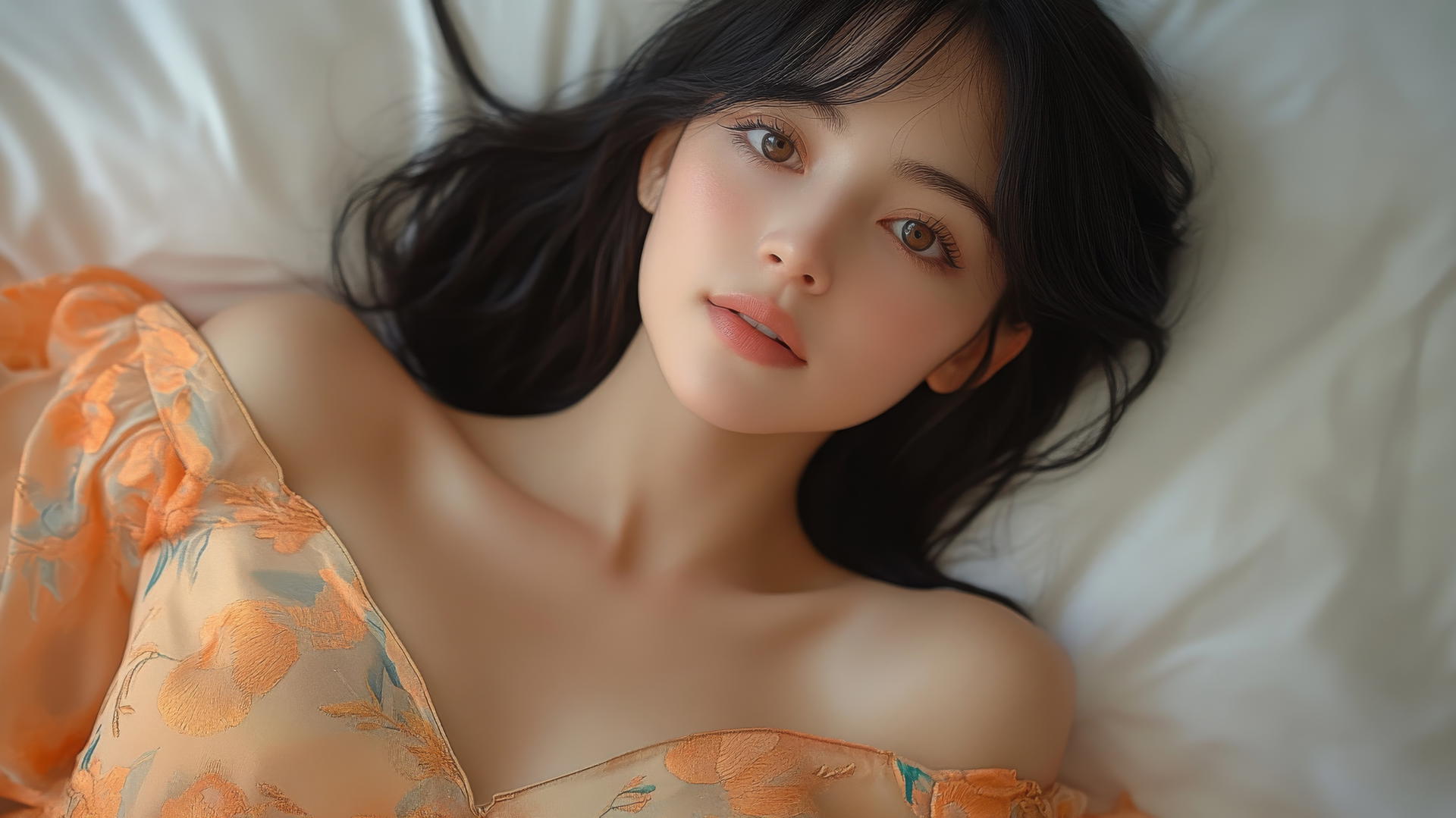 Top-down view of a smiling Vietnamese woman in Ao Dai dress lying in bed