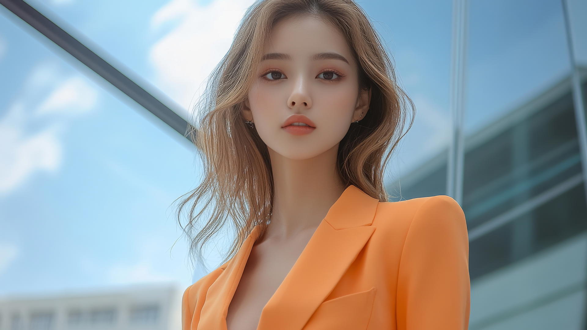 full body shot of beautiful Thai woman in orange office suit with city background and clear sky