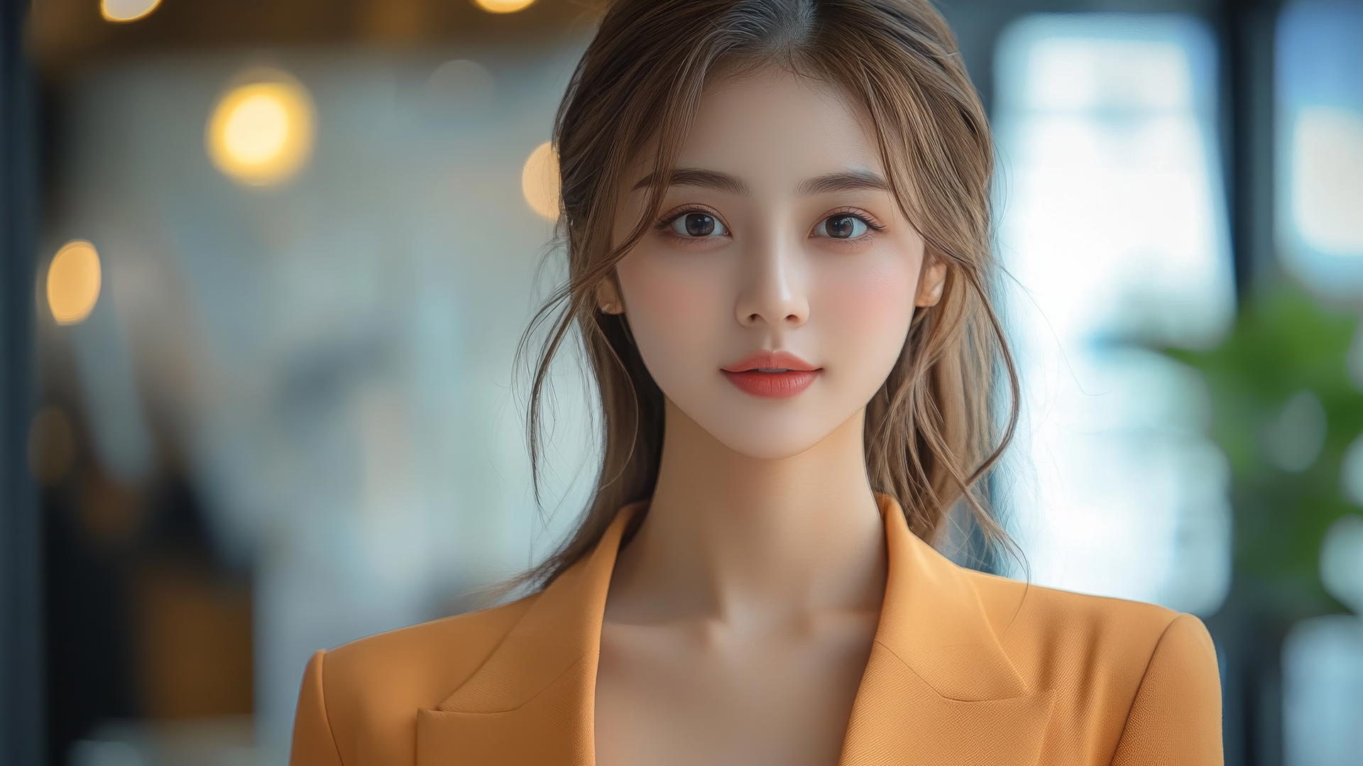 Beautiful Thai women in orange office suit with city background and clear sky