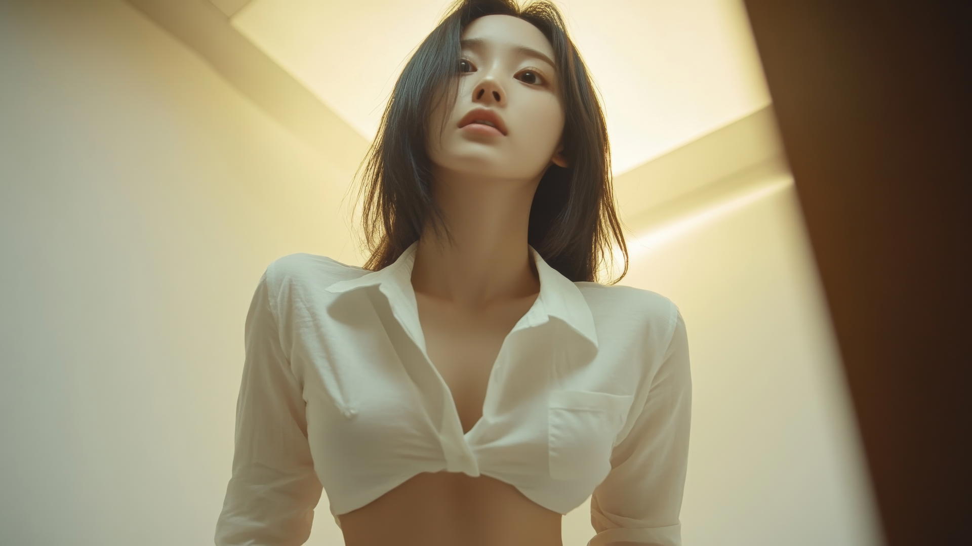 Korean pop star girl looking down, wearing a white office shirt, apartment ceiling background