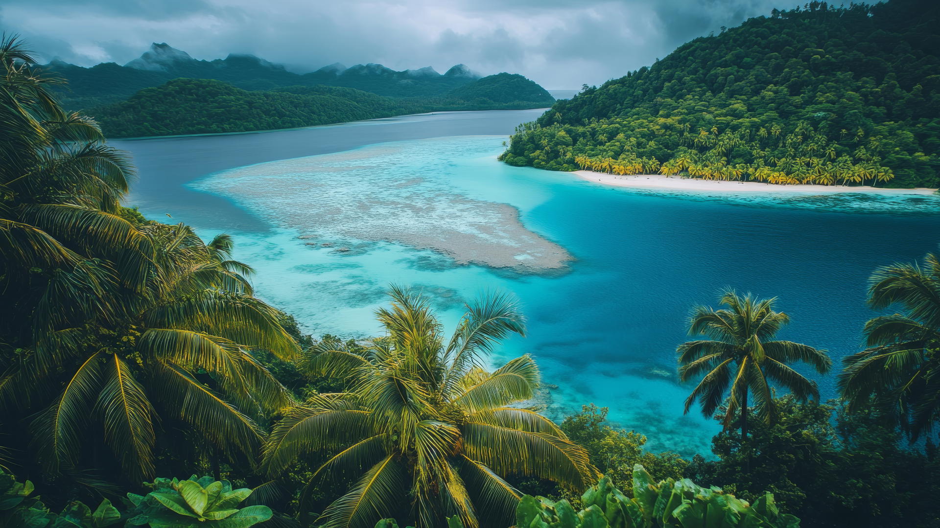 Beautiful nature wallpaper 4k of a tropical island paradise with turquoise waters, coral reefs, and white sandy beaches.