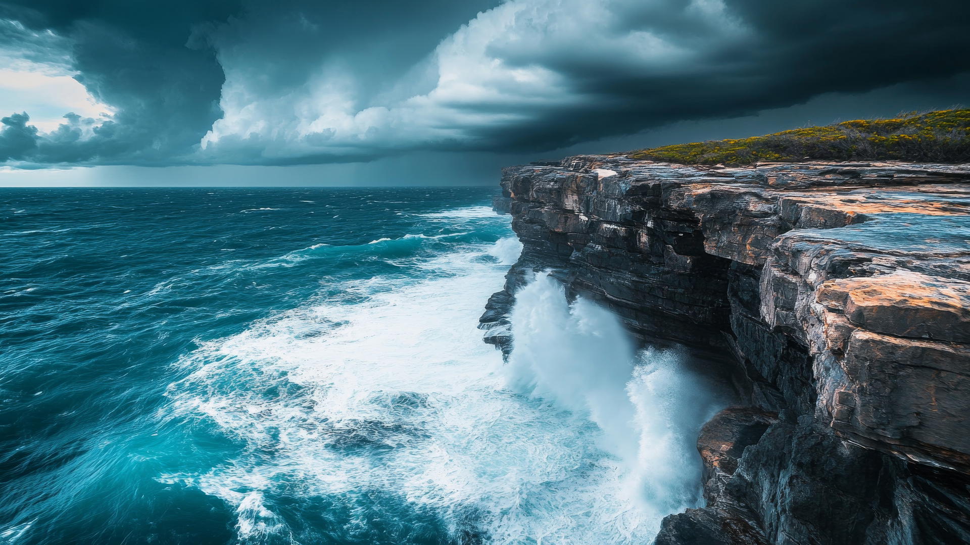 nature wallpaper with cliffside, crashing waves, and stormy sky