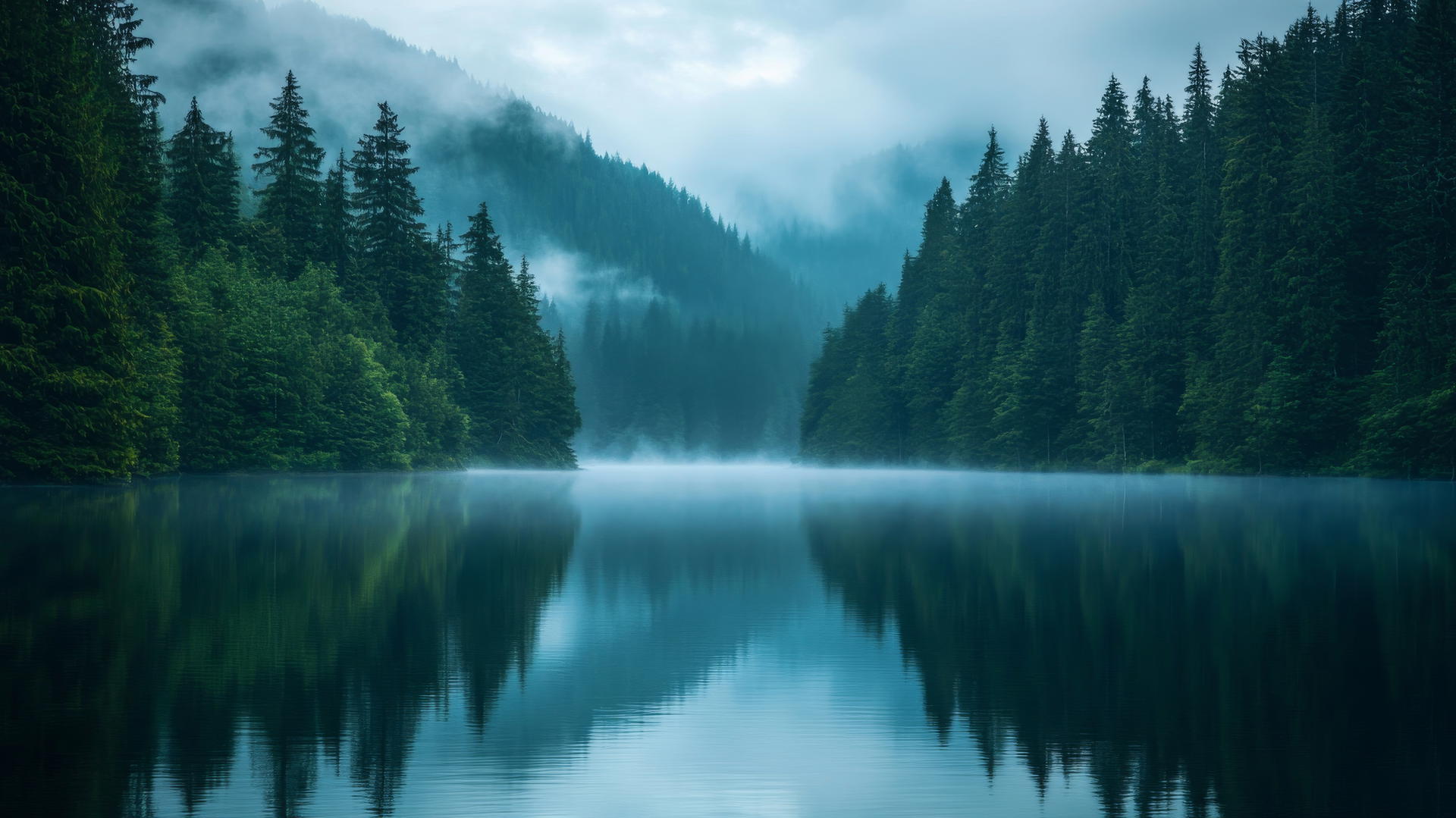 calm lake surrounded by dense pine forest, morning mist, distant mountains, nature wallpaper