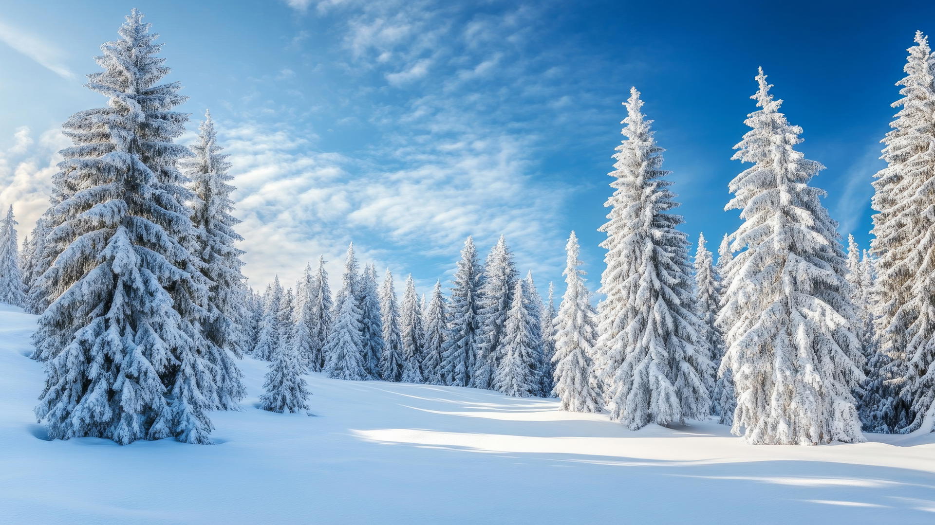 A snowy winter landscape with tall pine trees under a clear blue sky, nature wallpaper