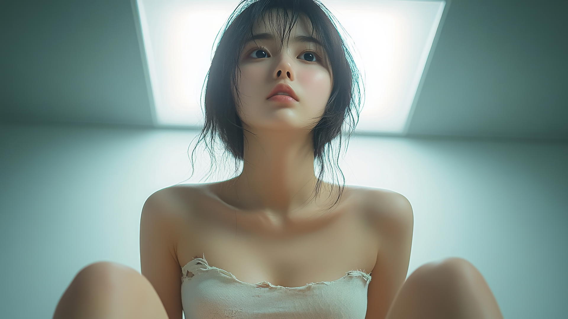 Isolated low-angle shot of a serene Asian girl with crossed legs and a broken office shirt.