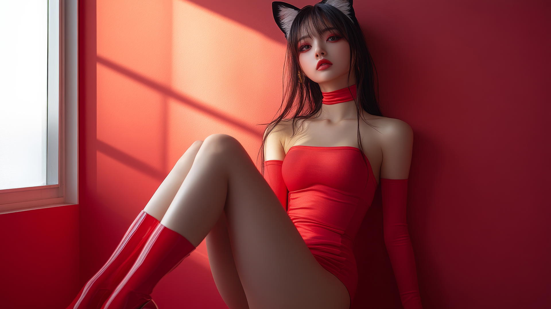 Asian girl with cat ears, crossed legs, high heels, side view
