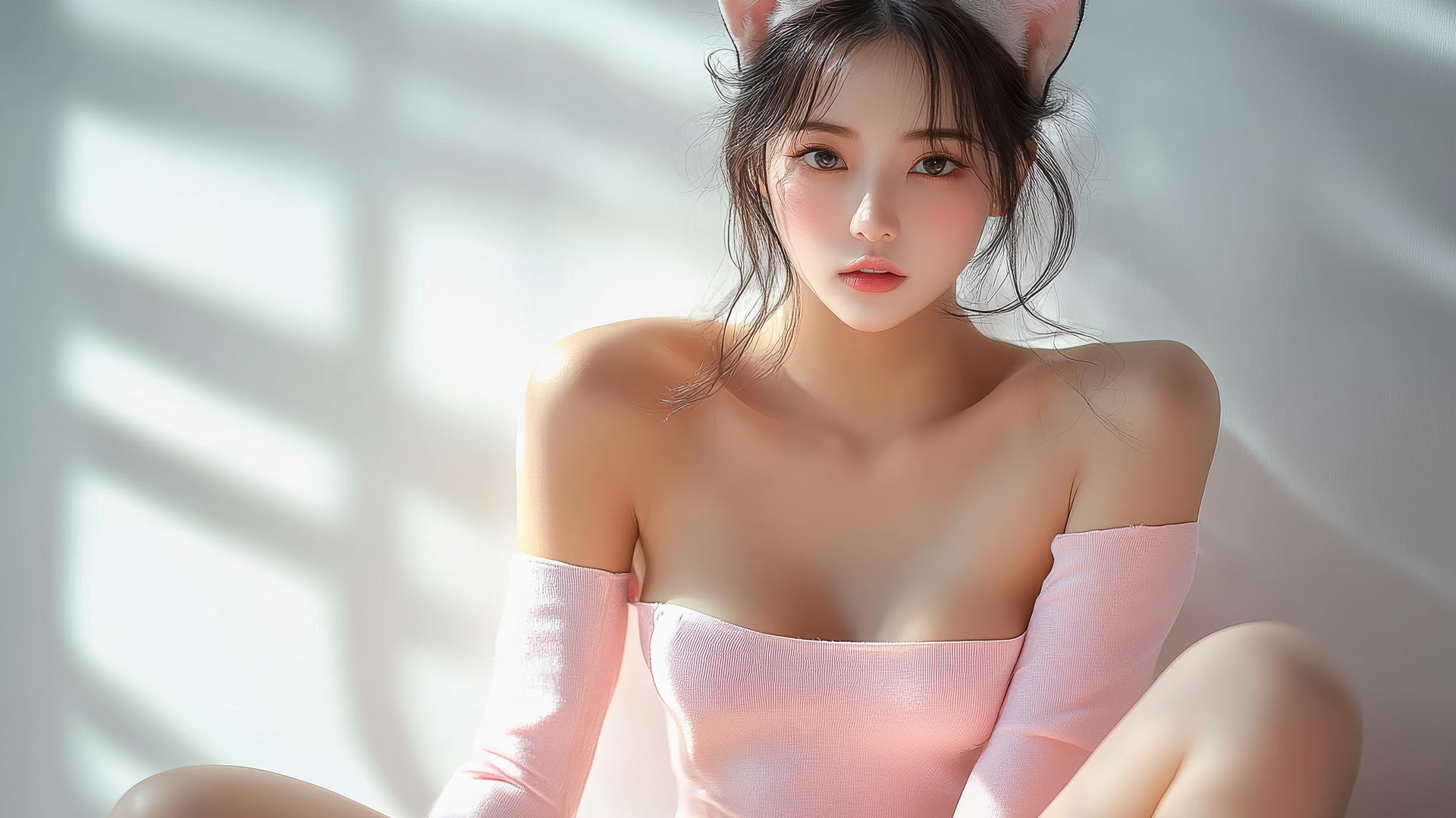 Beautiful Asian girl with cat ears, in high heels, sitting cross-legged