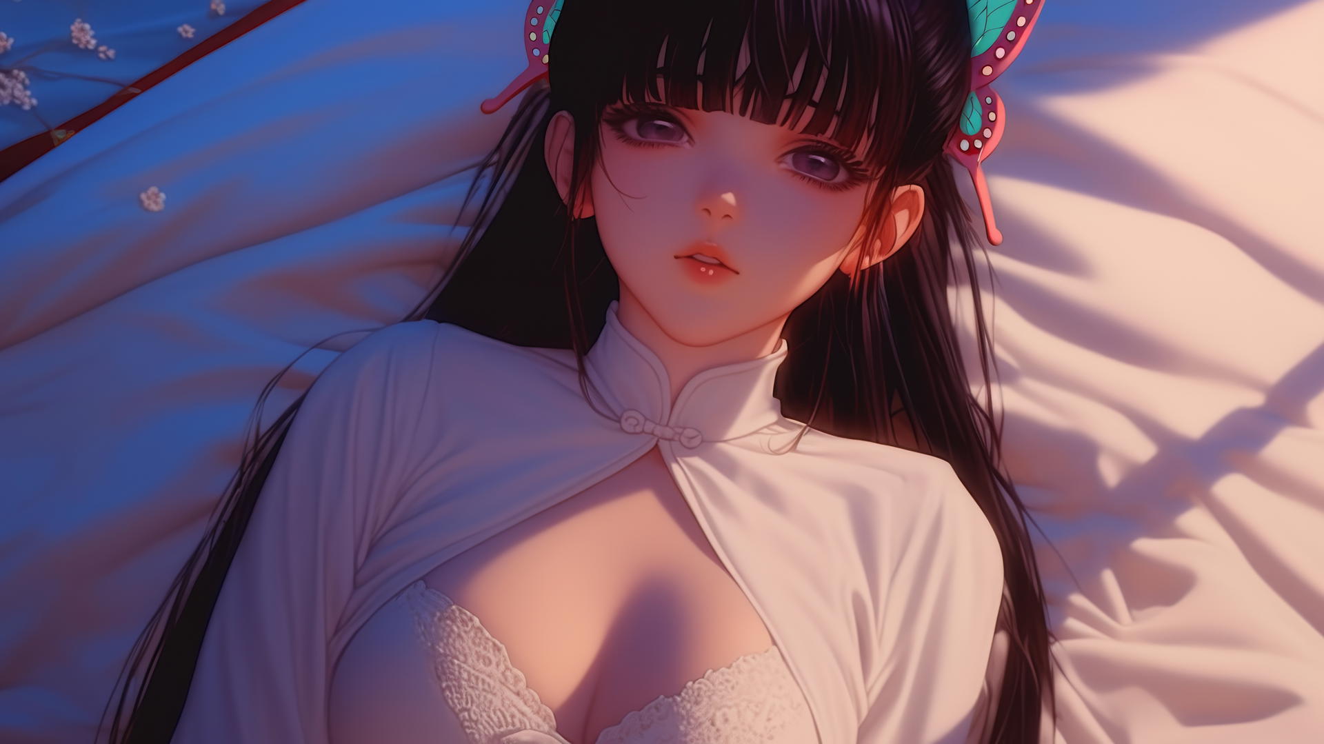 Kanao Tsuyuri from Demon Slayer in pajamas, kneeling, seen from above, with soft warm light highlighting her figure.