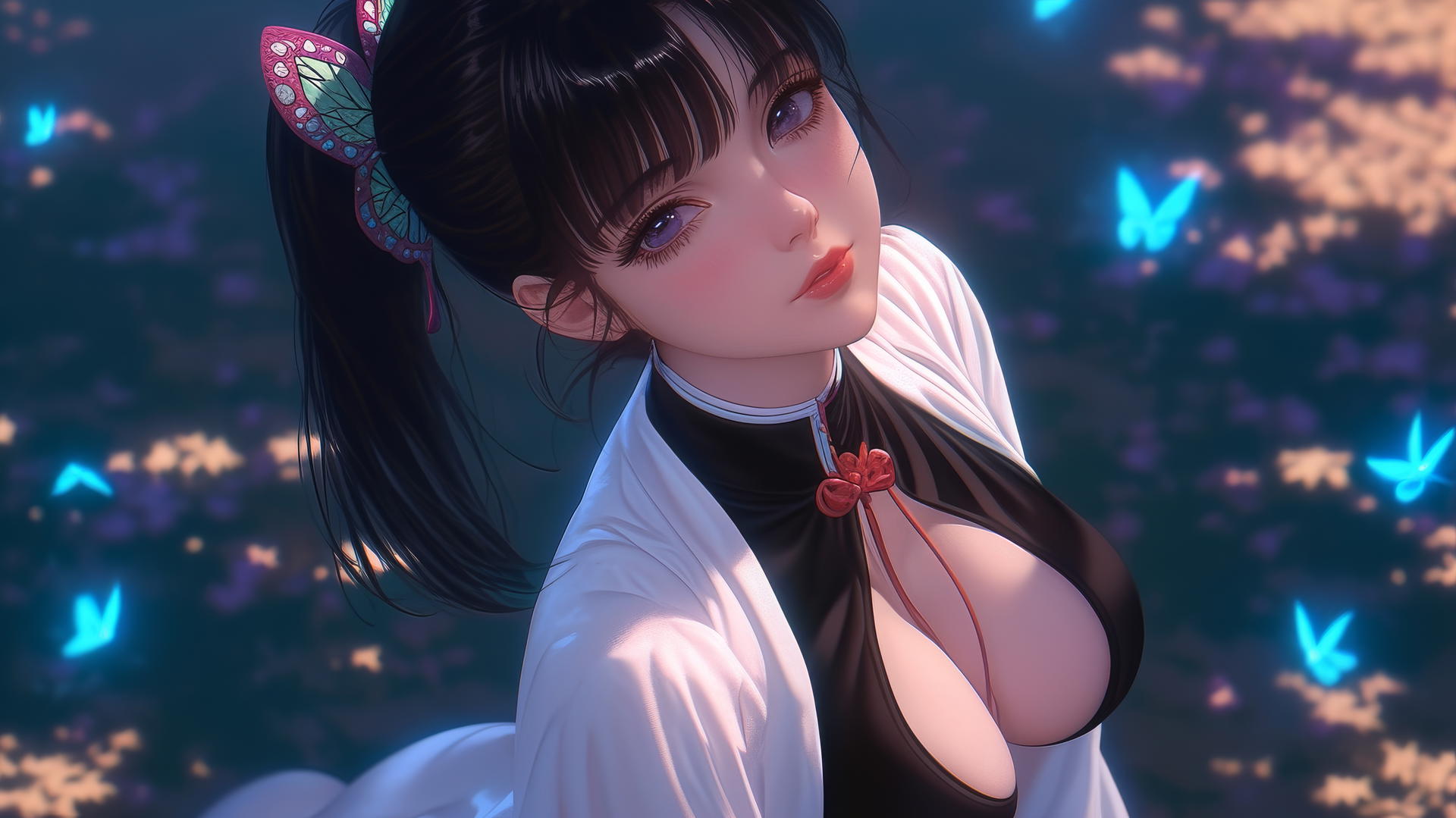 Kanao Tsuyuri from Demon Slayer kneeling and looking up, warm light illuminating.