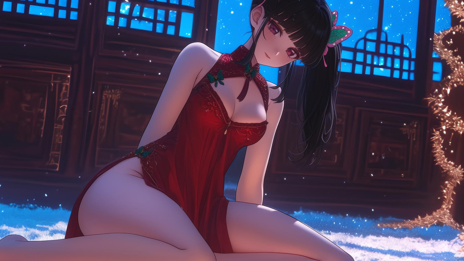 Kanao Tsuyuri from Demon Slayer kneeling, seen from below with warm light casting a soft glow, ceiling in background.