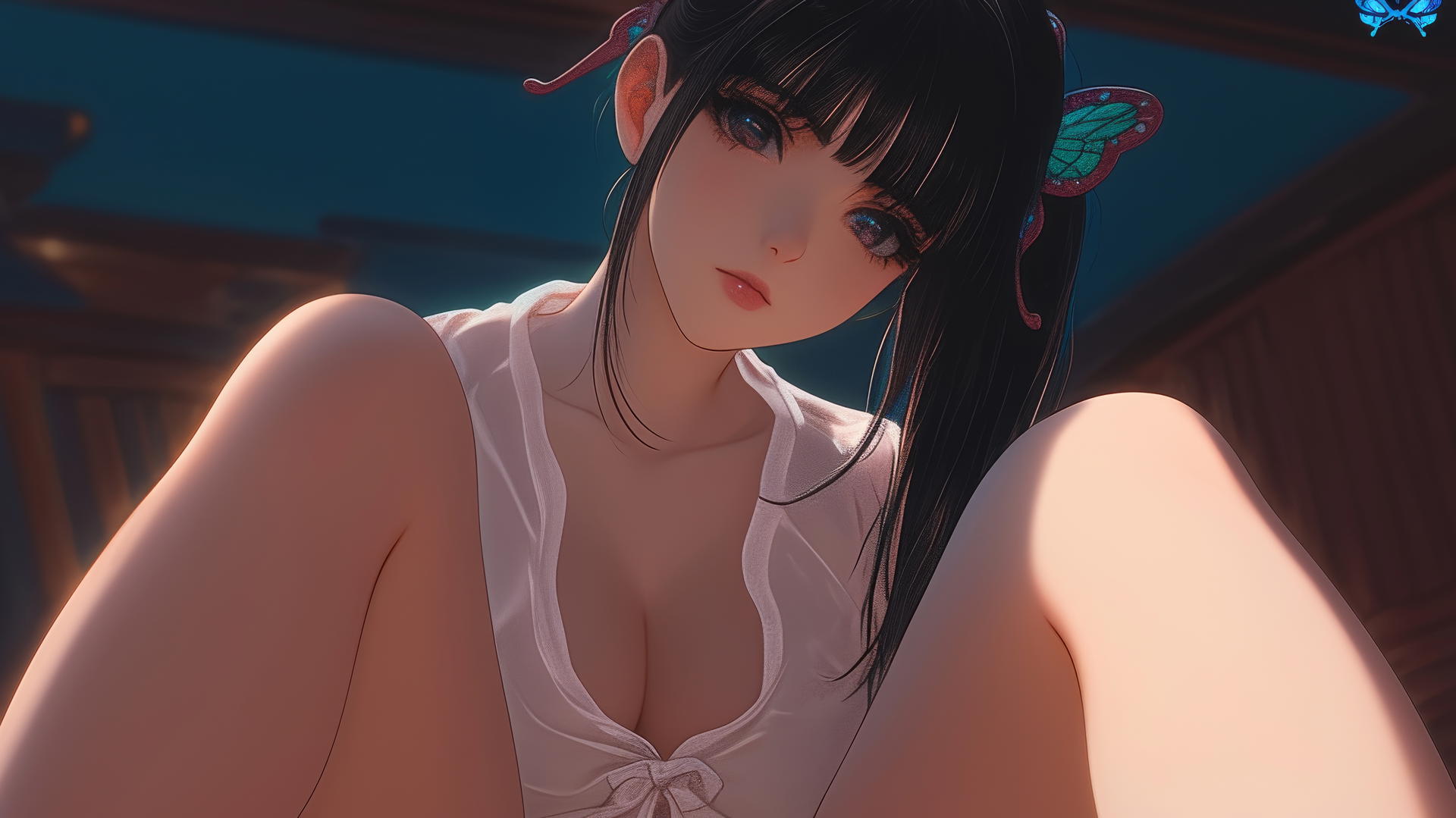 Kanao Tsuyuri kneeling, viewed from below with a ceiling background, warm light highlighting her figure.