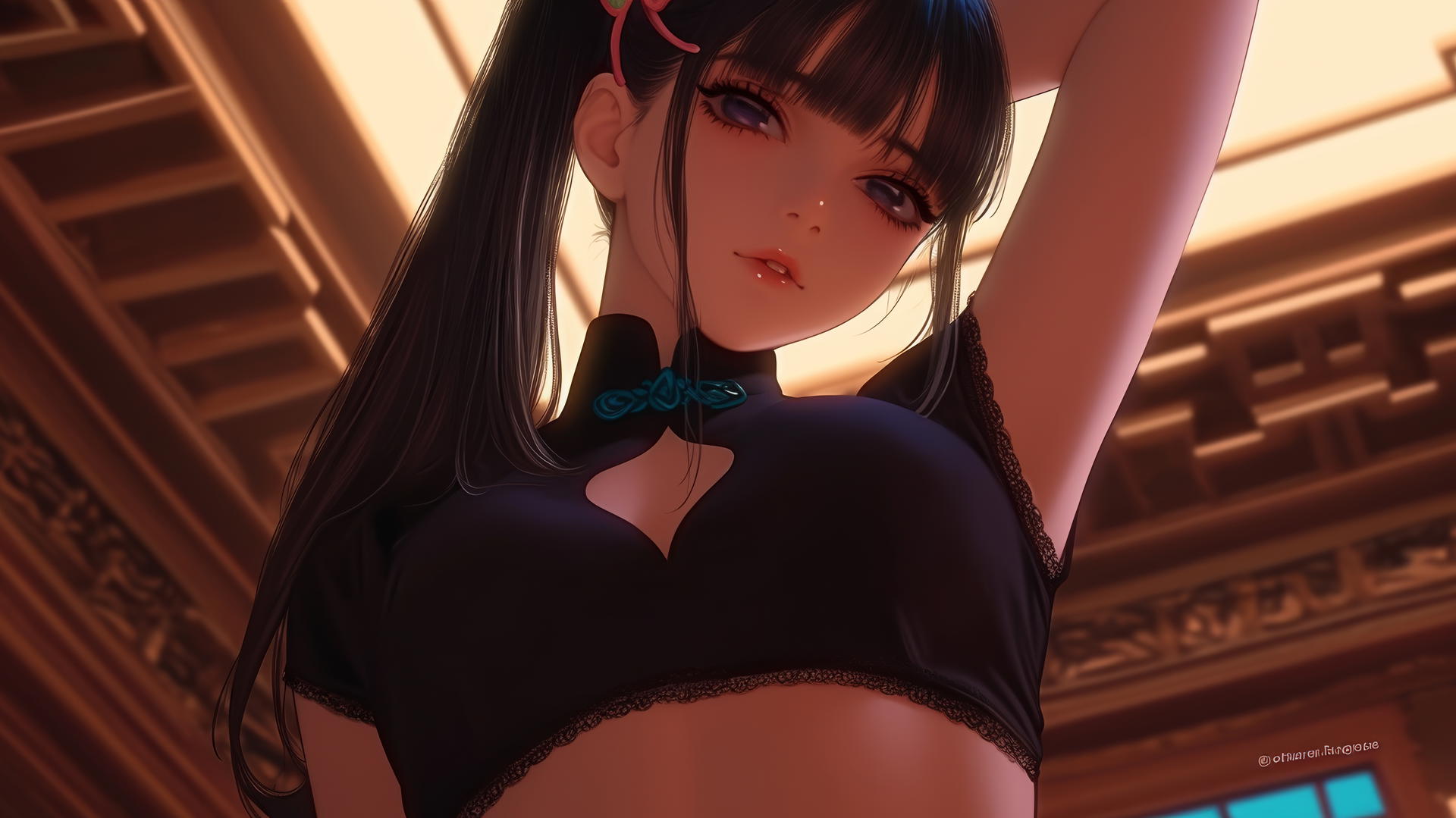 Kanao Tsuyuri kneeling, looking down, with a pink and green butterfly hair ornament, soft warm light, ceiling background.