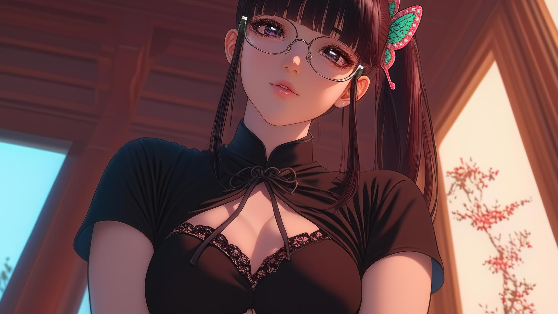 Kanao Tsuyuri kneeling, wearing office shirt and glasses, seen from below with ceiling backdrop.