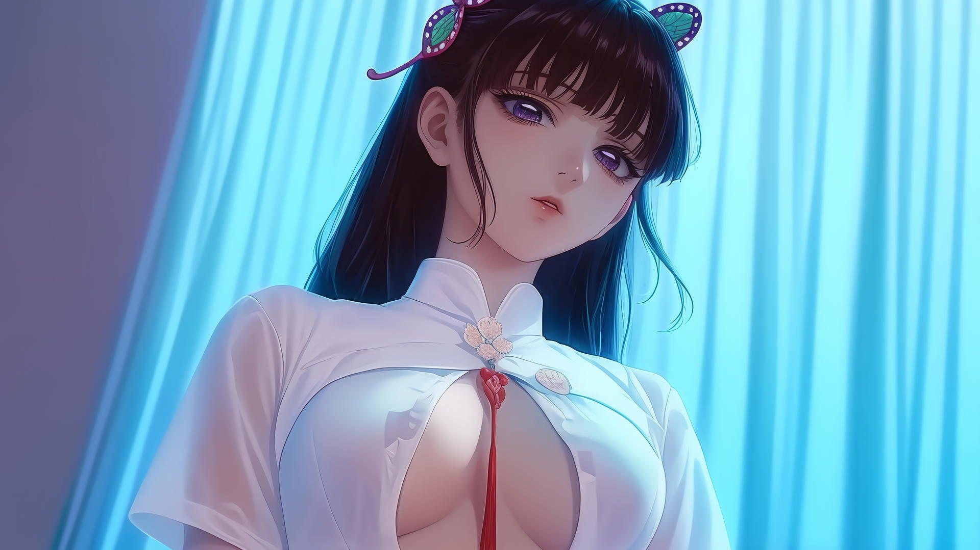 Kanao Tsuyuri as a nurse kneeling with warm light, seen from below with a ceiling in the background.