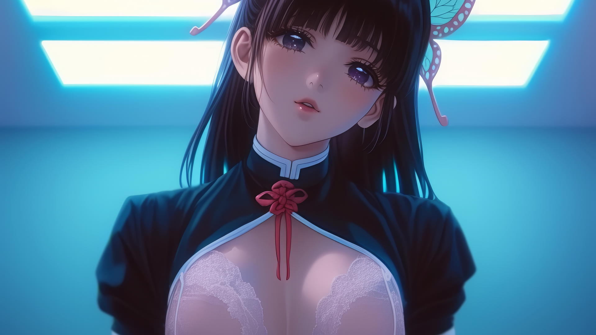 Kanao Tsuyuri from Demon Slayer dressed as a nurse, kneeling and looking down.