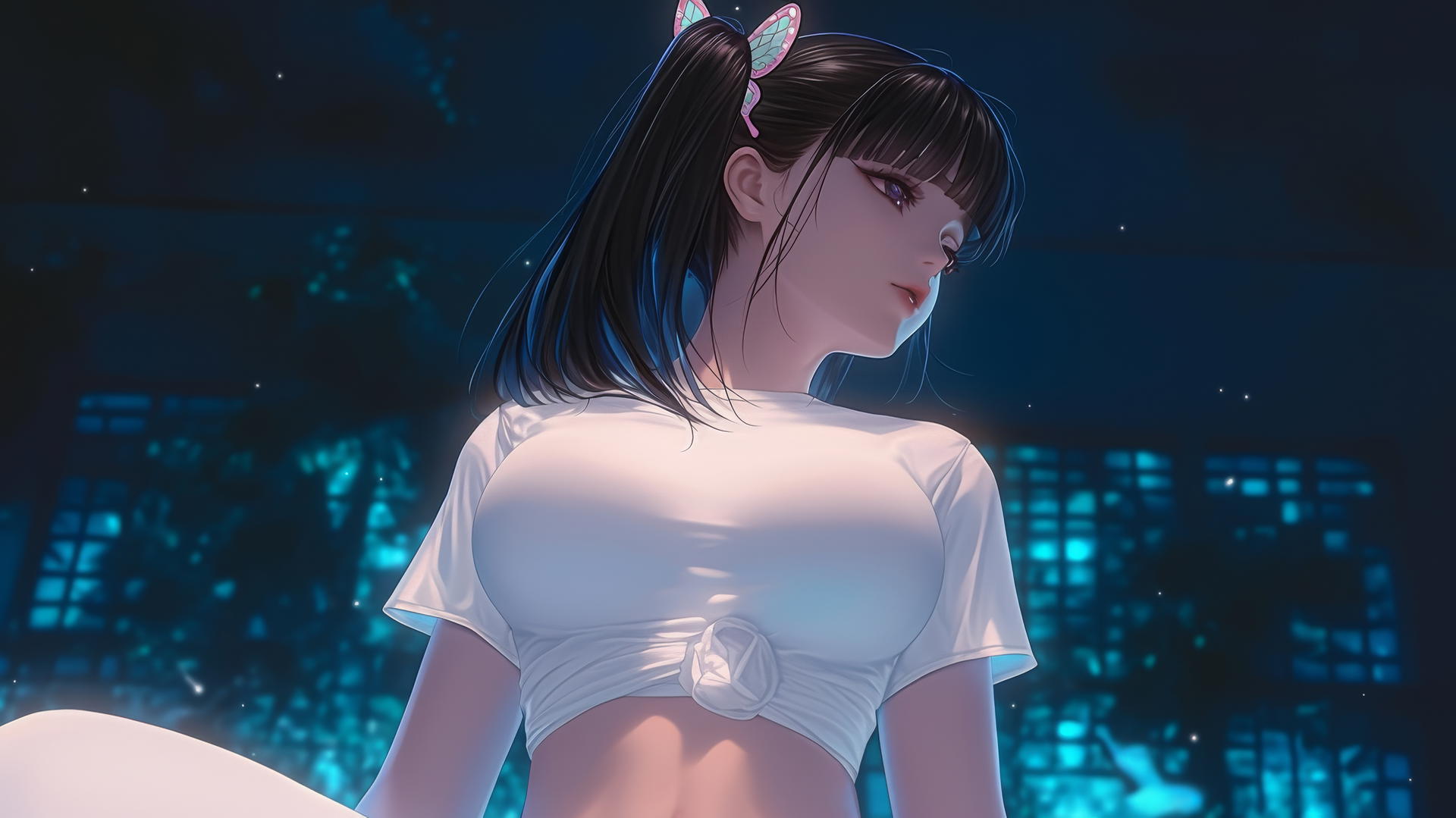 Kanao Tsuyuri kneeling, wearing white t-shirt, looking down, ceiling background, warm light
