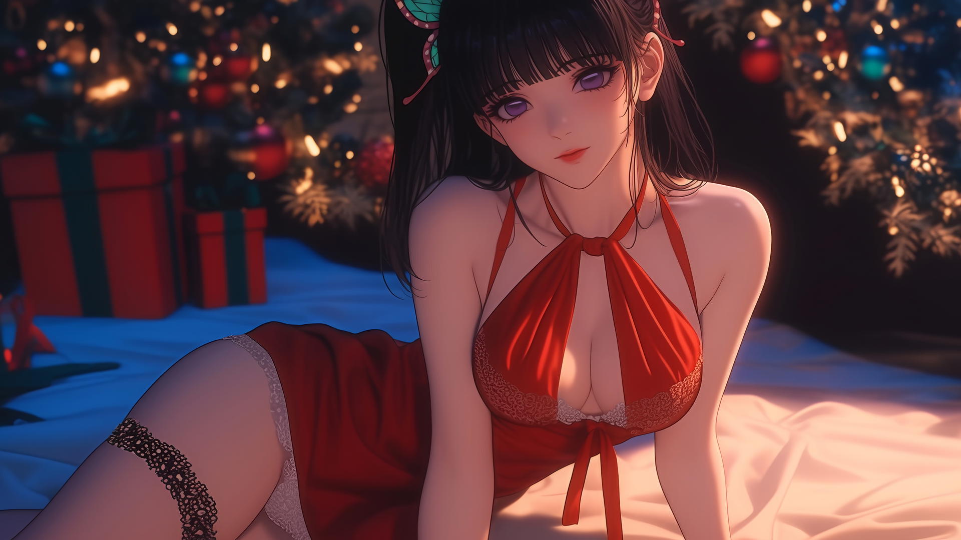 Kanao Tsuyuri from Demon Slayer in Christmas attire at a modern hotel with warm light.