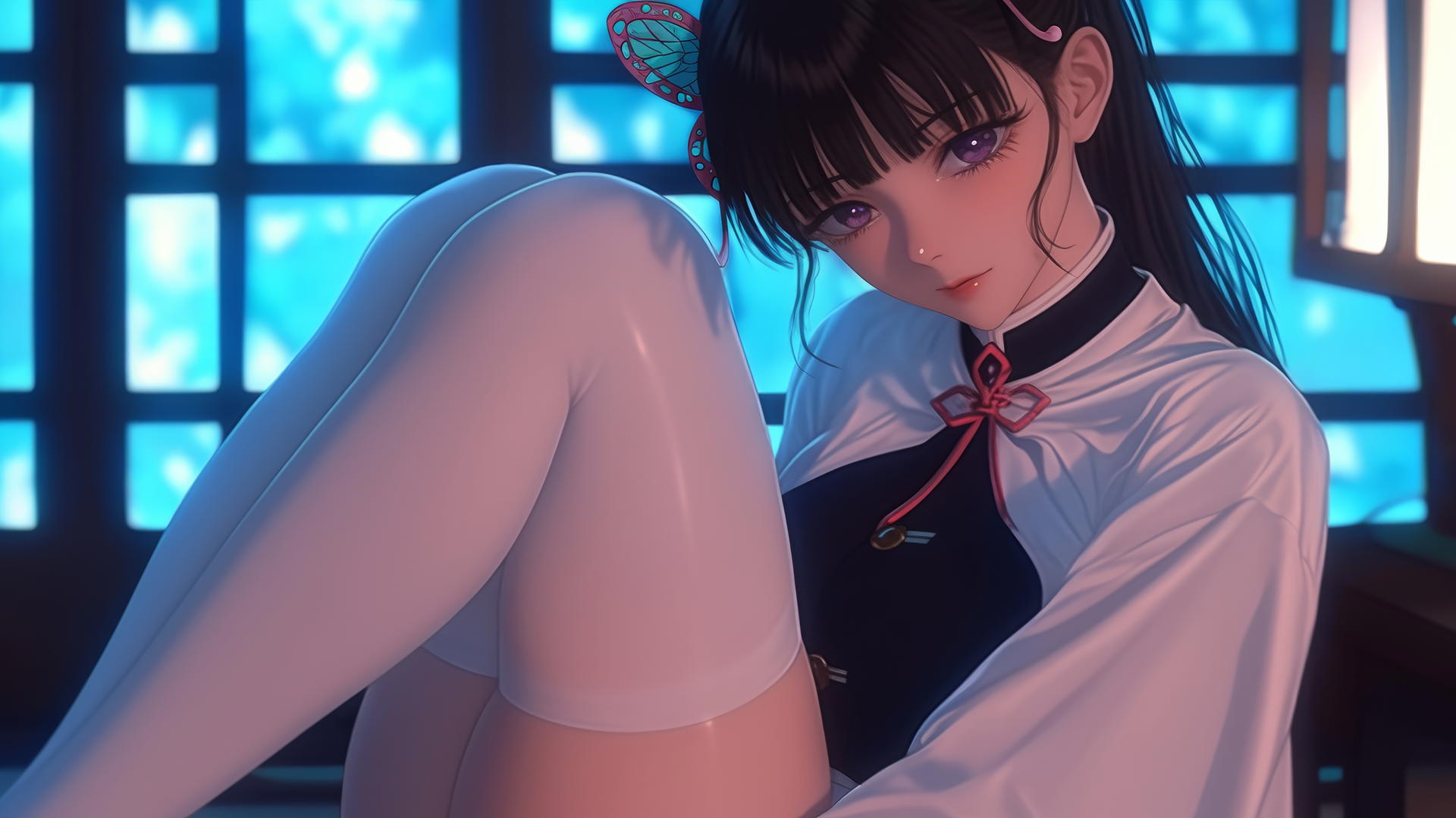 Kanao Tsuyuri with ponytail and butterfly ornament, warm light casting a glow.