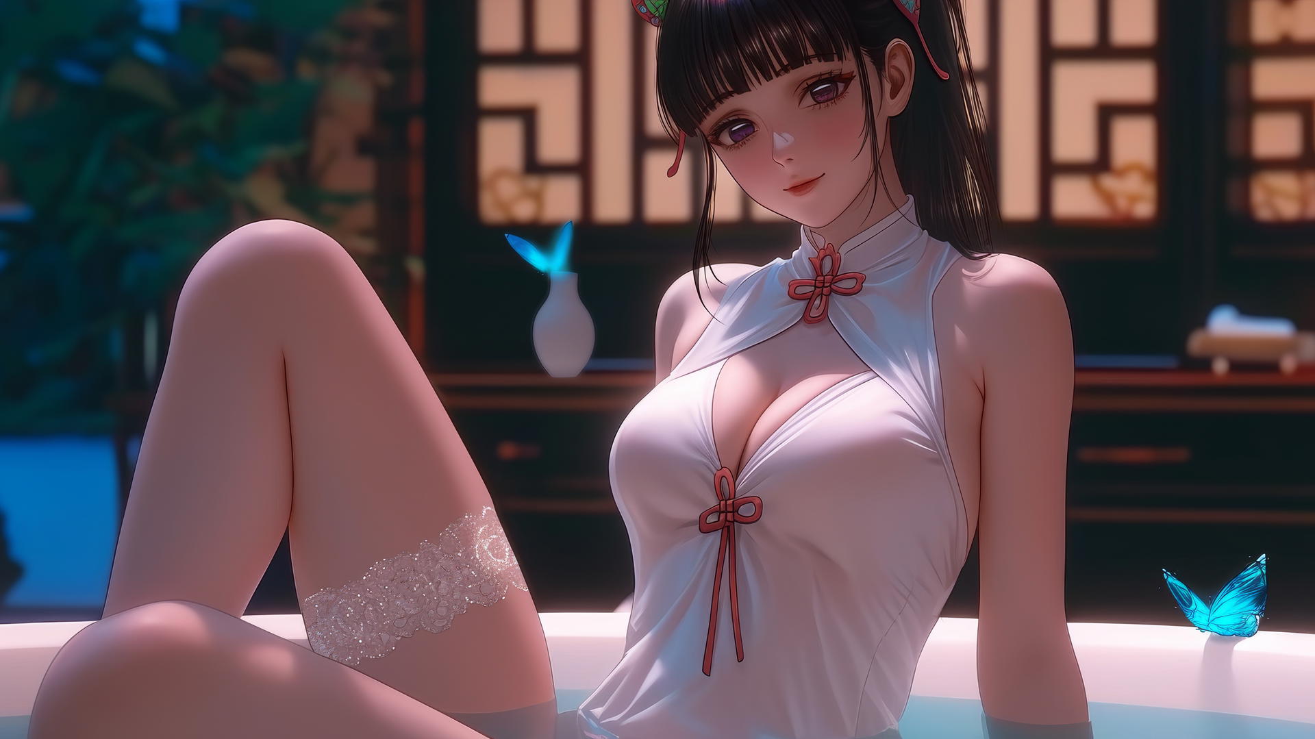 Kanao Tsuyuri from Demon Slayer in a modern apartment's tub with one leg pointing up, warm light highlighting her thighs.