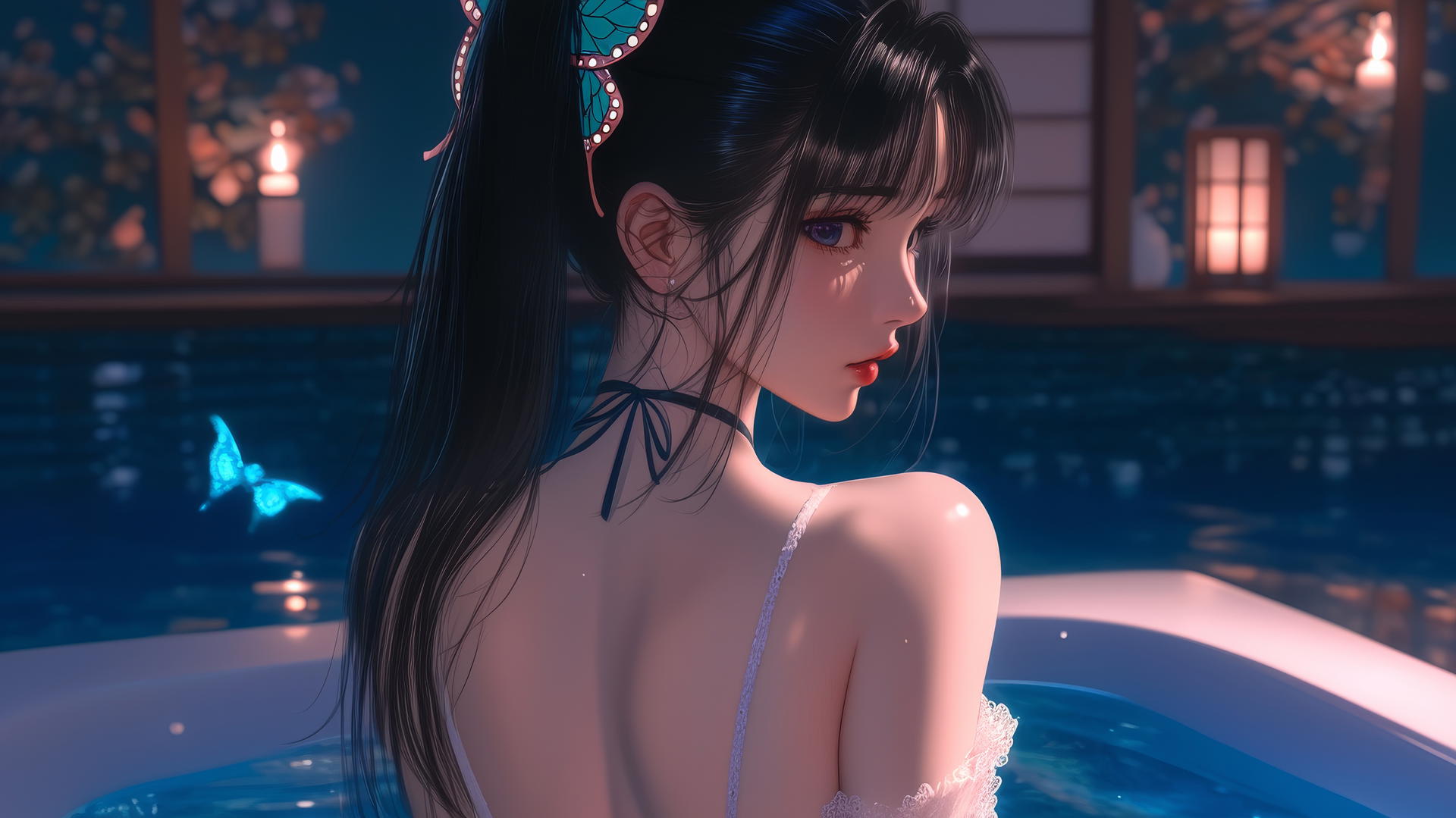 Kanao Tsuyuri from Demon Slayer in modern apartment bath, warm light glowing