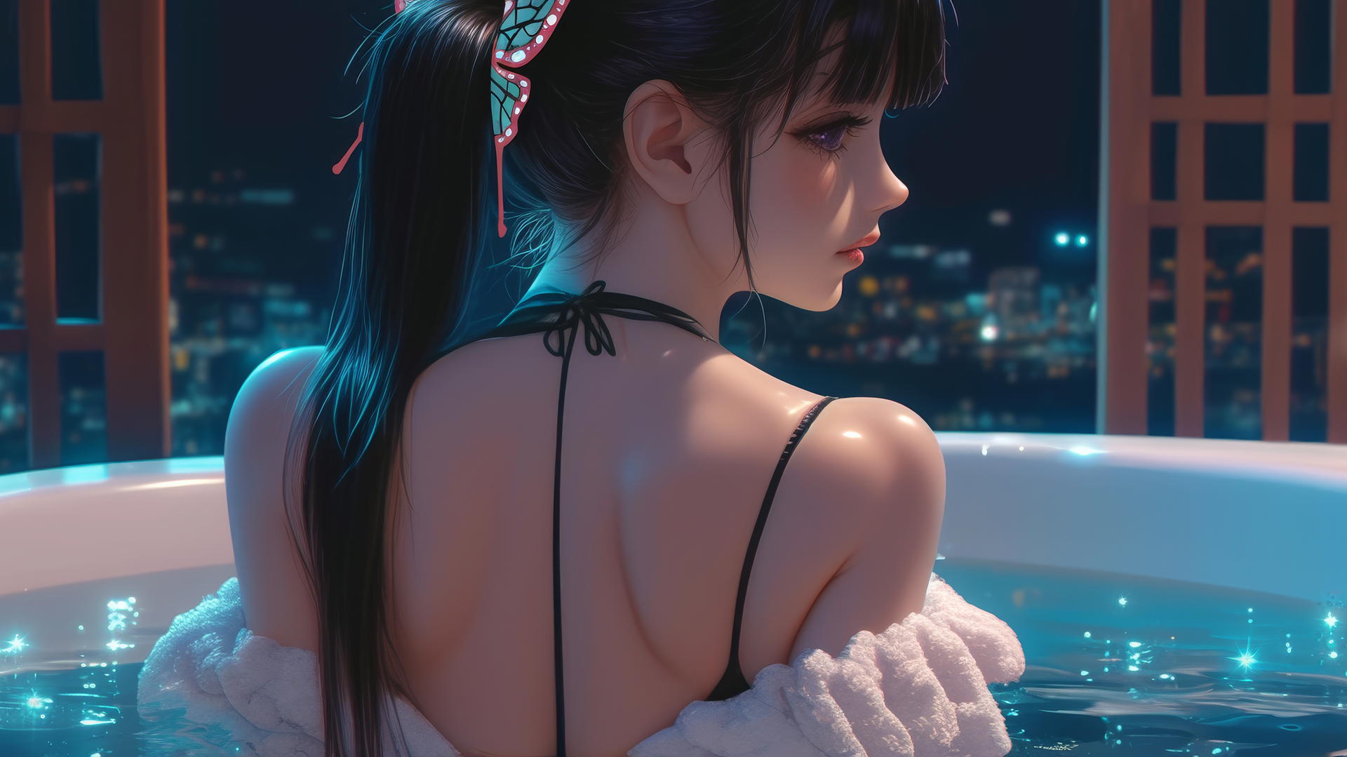 Kanao Tsuyuri from Demon Slayer at a tub in a modern apartment