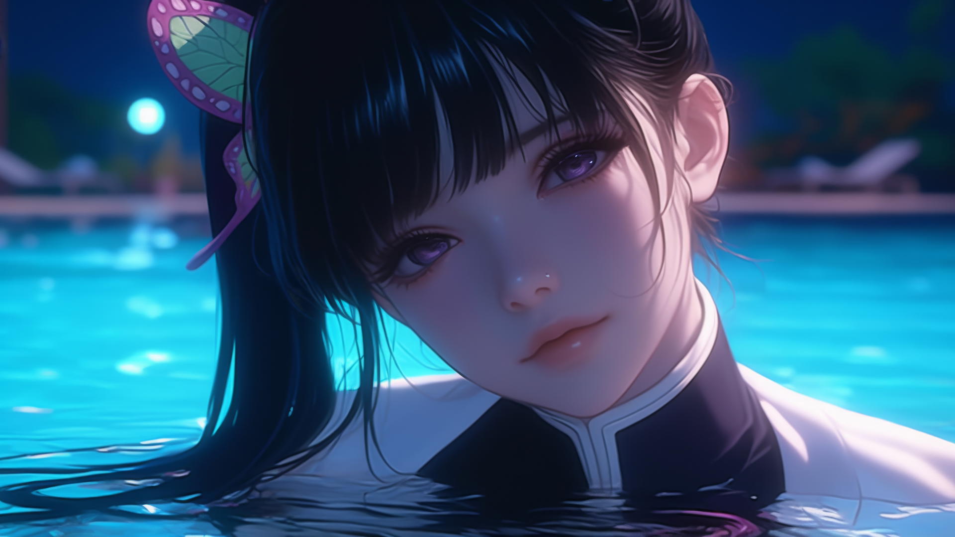 Kanao Tsuyuri from Demon Slayer resting by a pool under moonlight, with a ponytail and butterfly ornament.