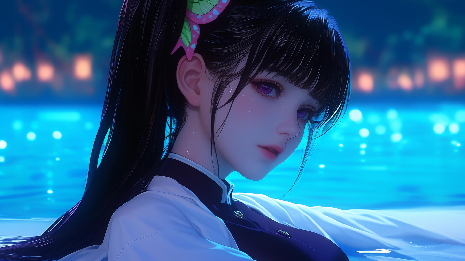 Kanao Tsuyuri from Demon Slayer resting by a pool under moonlight, butterfly hair ornament.