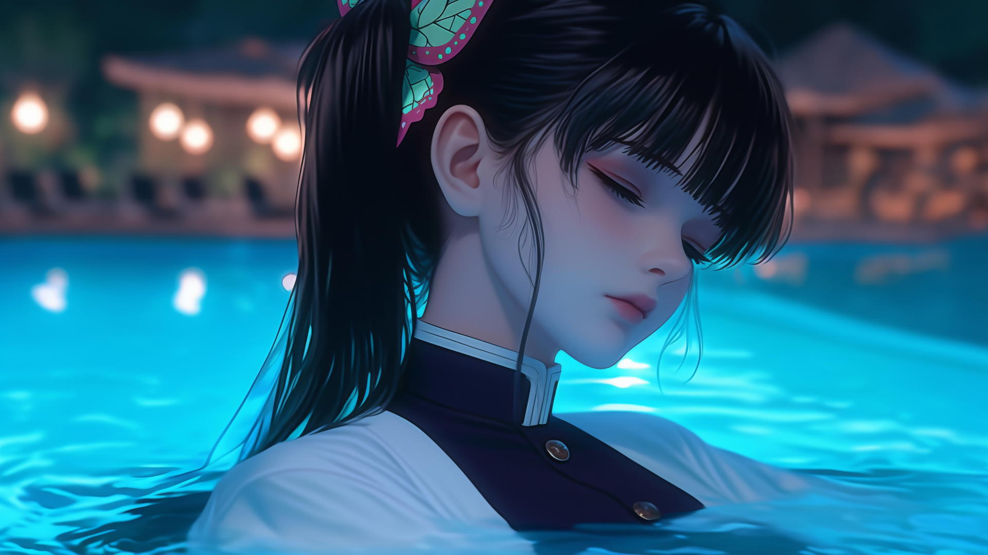Kanao Tsuyuri resting at a swimming pool under moonlight, with butterfly ornament in hair.