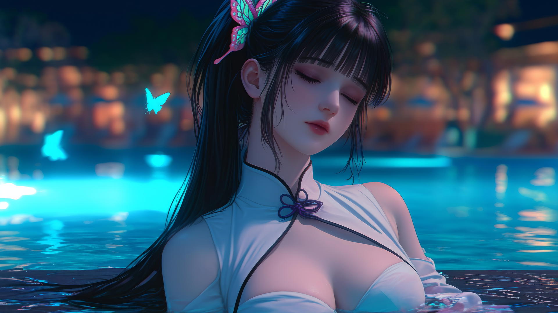 Kanao Tsuyuri from Demon Slayer by a pool under moonlight with butterfly hair ornament