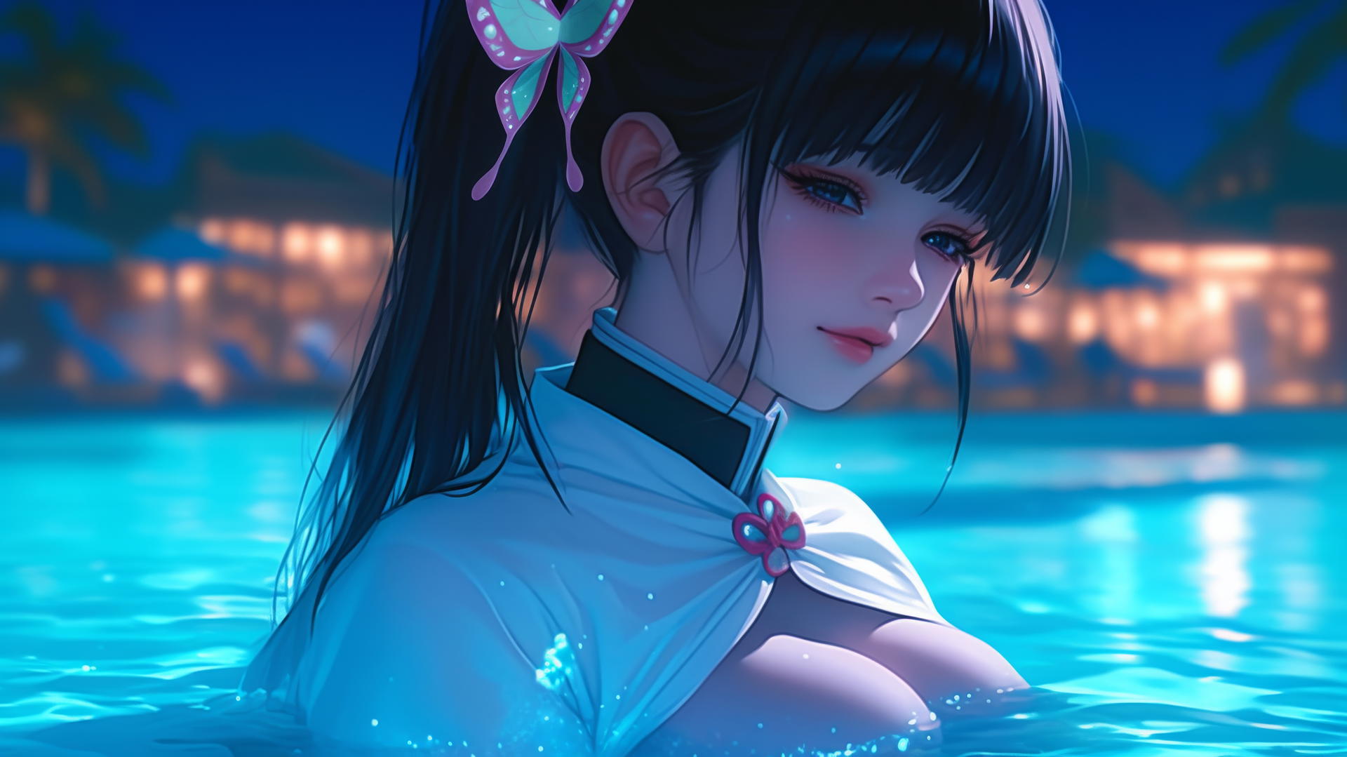 Kanao Tsuyuri from Demon Slayer resting by swimming pool under moonlight