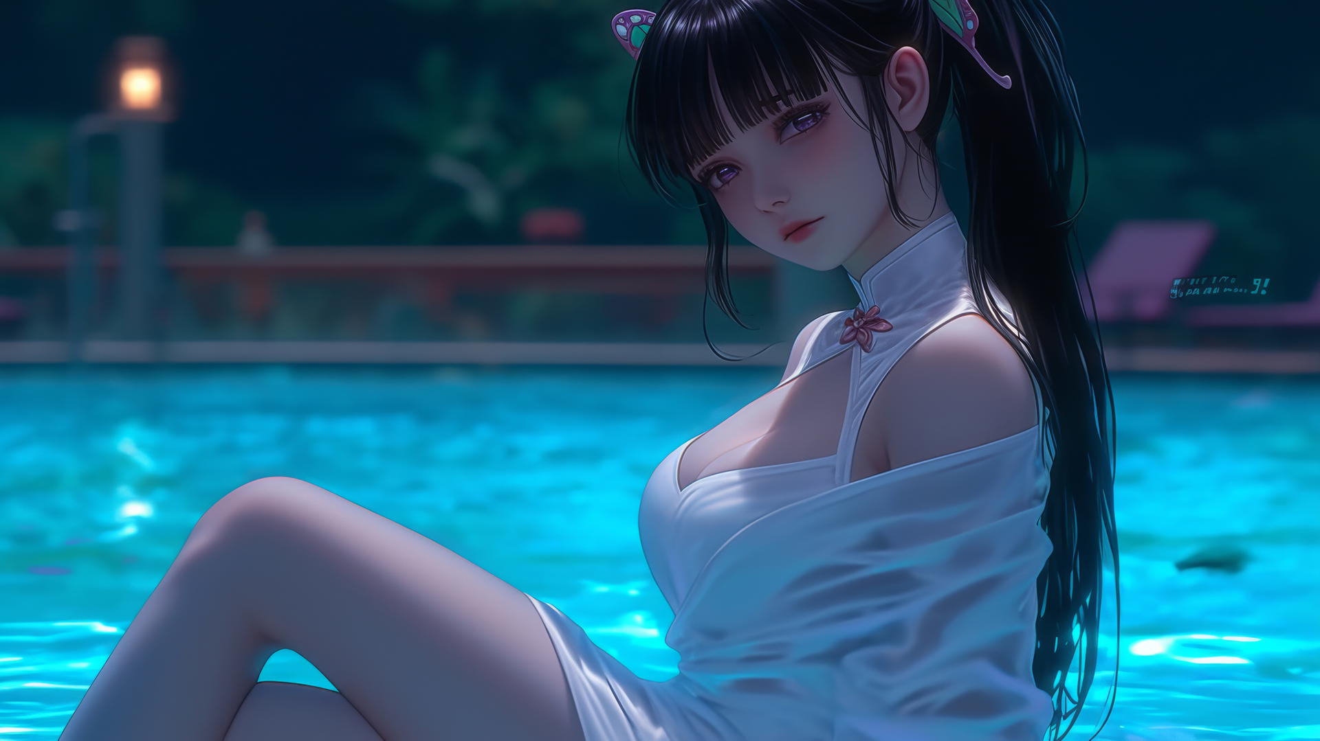 Kanao Tsuyuri from Demon Slayer resting by a pool under moonlight, adorned with butterfly ornament.