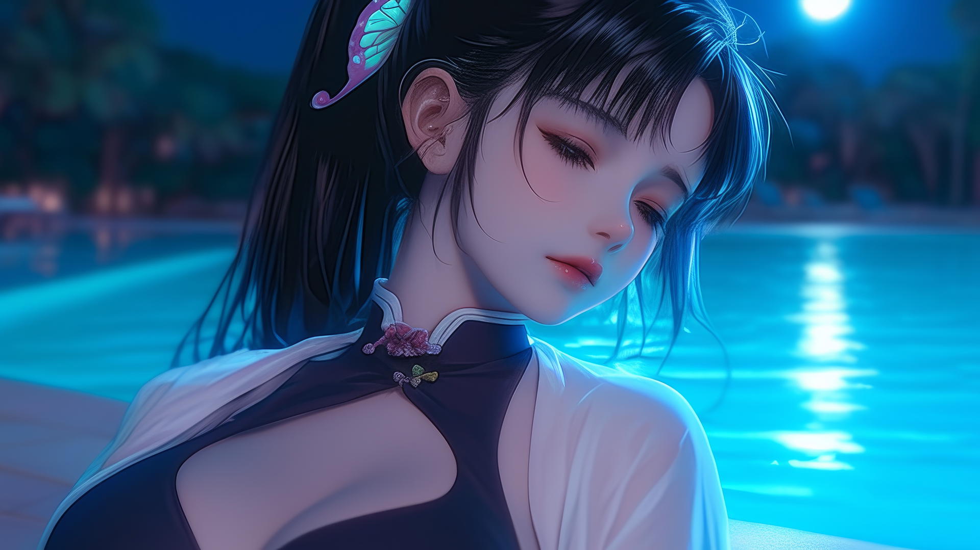 Kanao Tsuyuri from Demon Slayer resting by a swimming pool under moonlight.