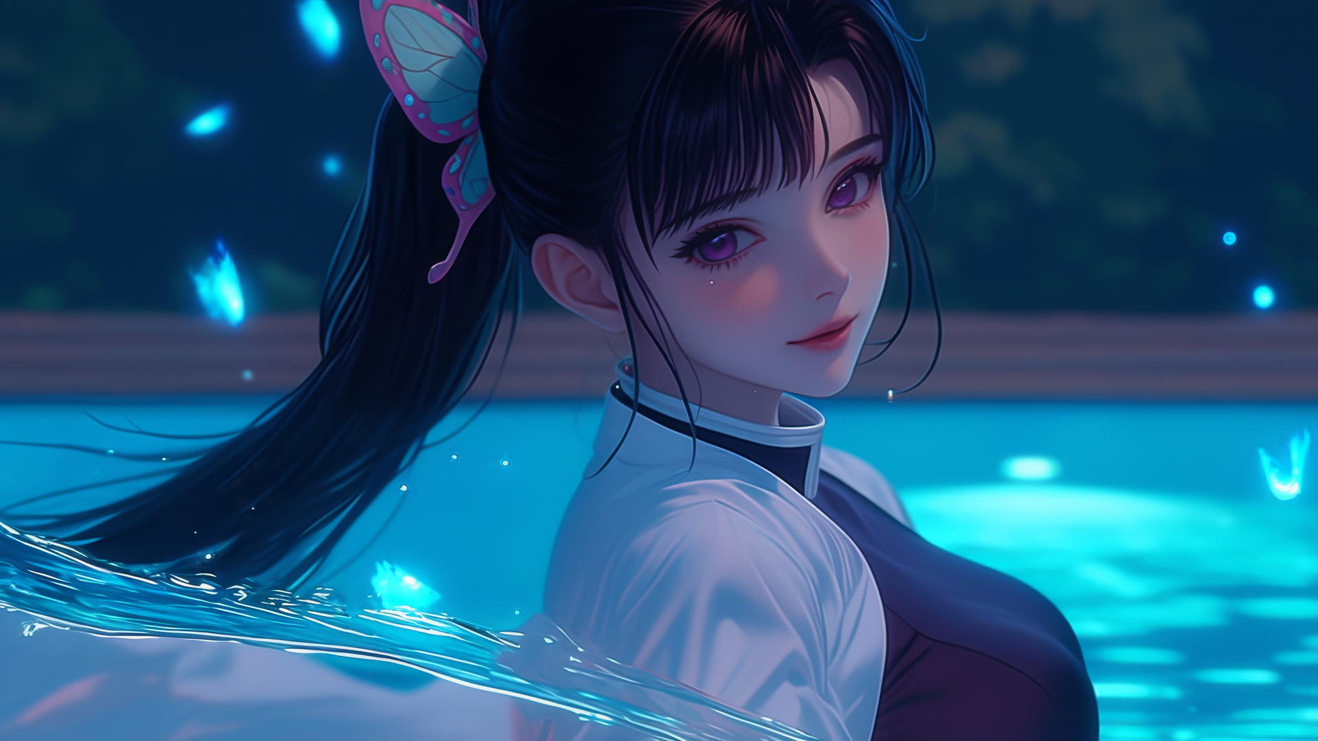 Kanao Tsuyuri from Demon Slayer jumps out of a swimming pool under moonlight